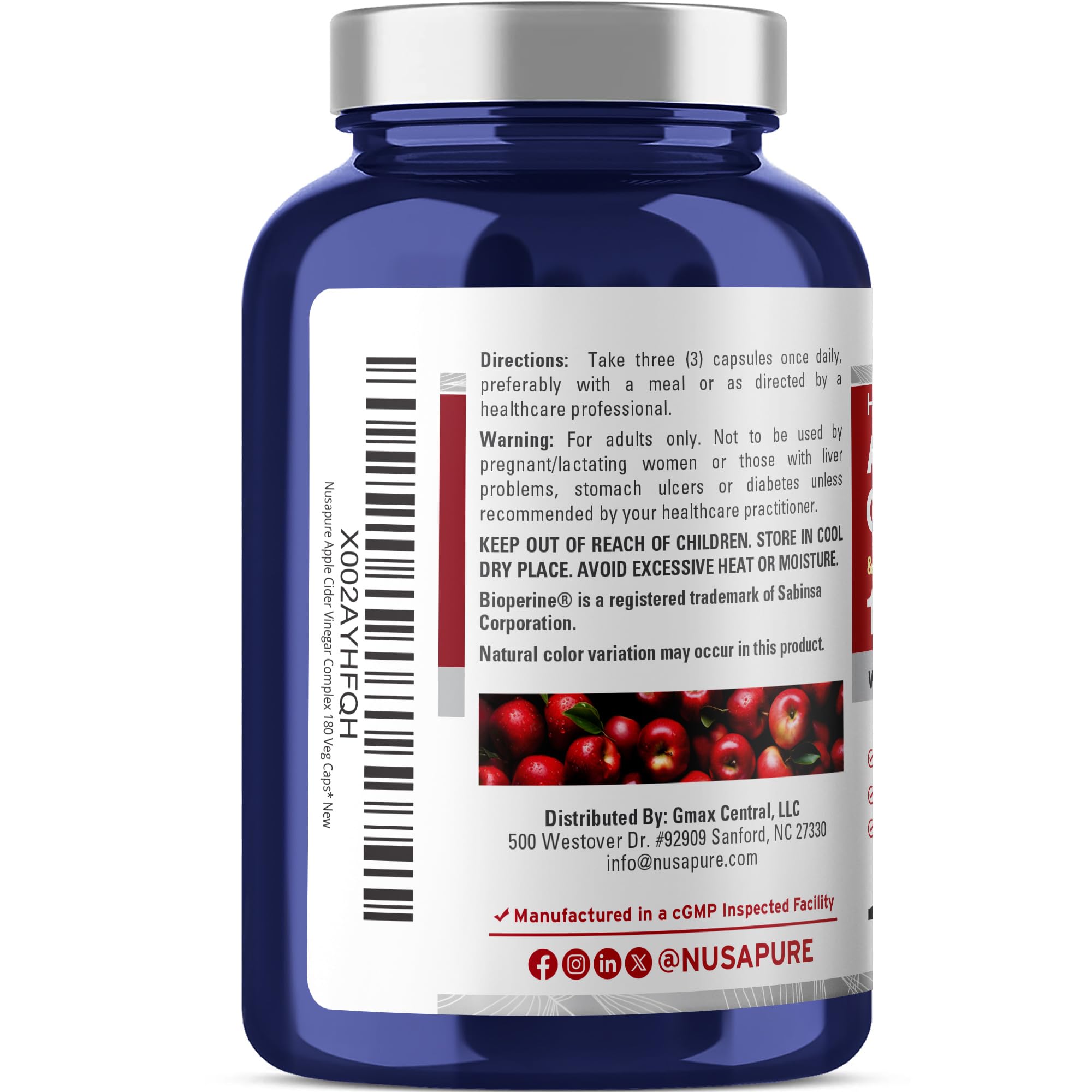 NusaPure Apple Cider Vinegar Complex 1500 mg 180 Veg Caps Suitable for Vegetarians and Vegans, Non-GMO NusaPure uk supplements