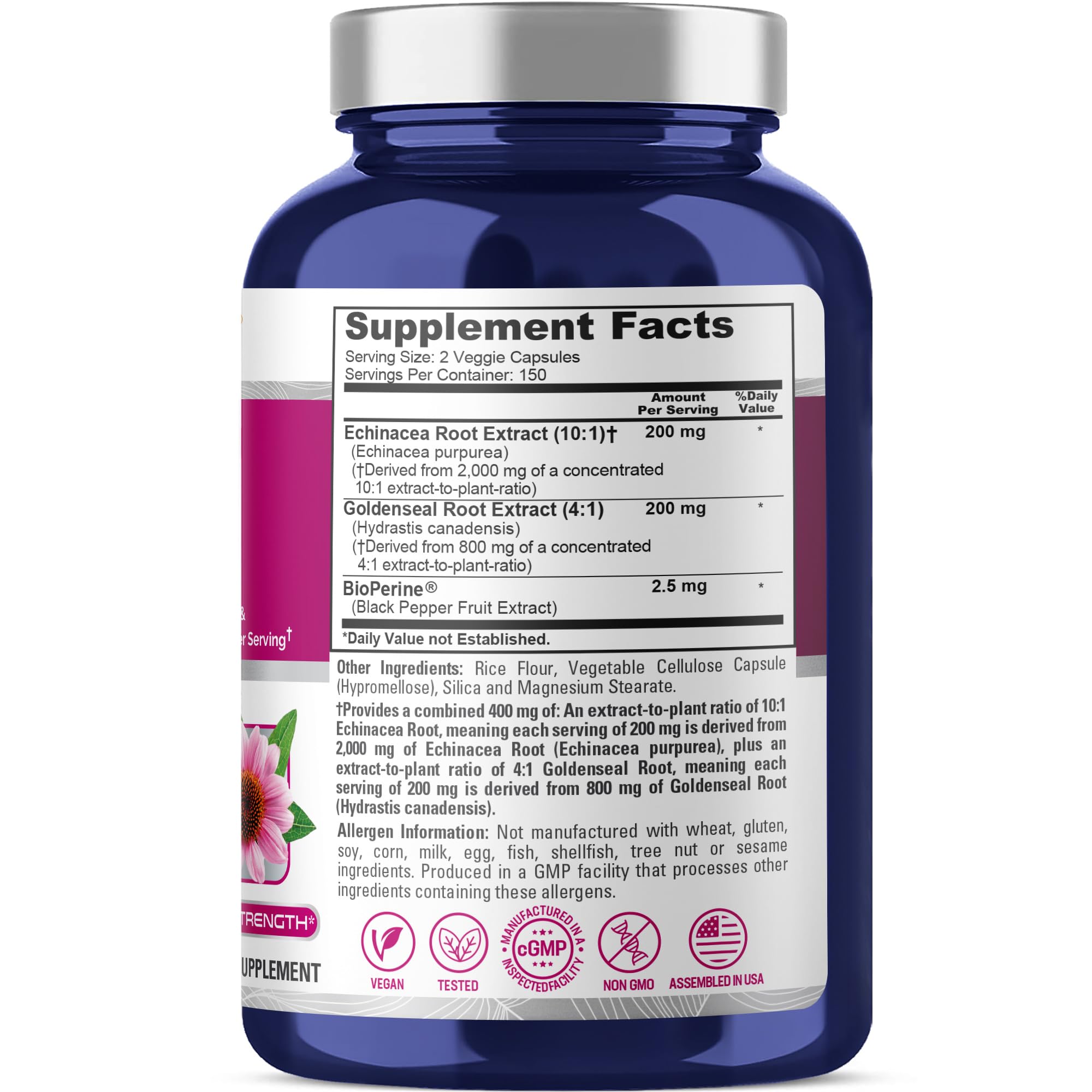 NusaPure Echinacea Goldenseal 200mg, (Extract 10:1, Equivalent to 2,000mg), 200mg, (Extract 4:1, Equivalent to 800mg) - 2800mg 300 Veggie Caps (Vegetarian, Non-GMO, Vegan) NusaPure uk supplements