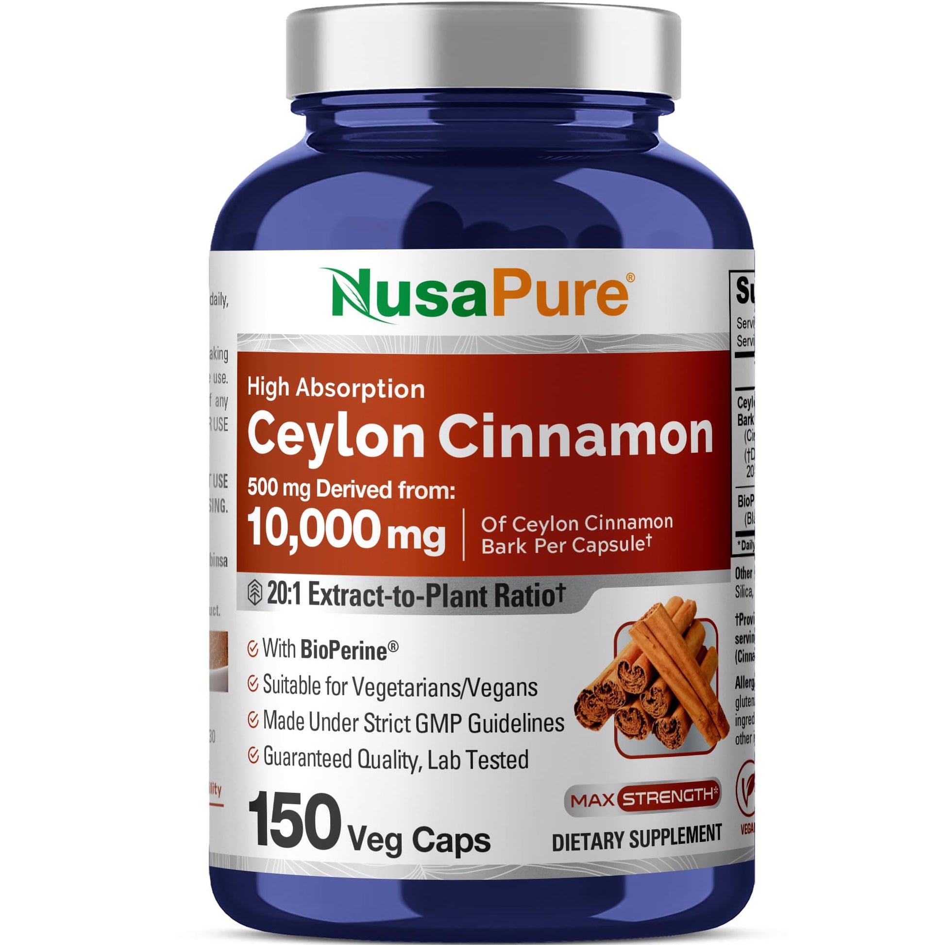 NusaPure Ceylon Cinnamon20:1 Extract, 500 mg Equivalent to 10,000 mg Per Caps | 150 Veggie Capsules | Non-GMO, Vegan with Bioperine NusaPure uk supplements