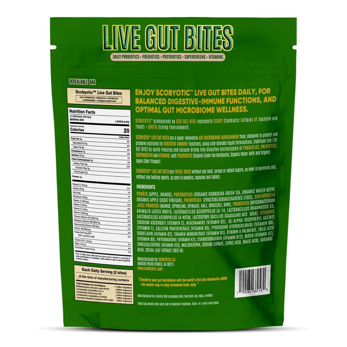 Scobyotic® Kombucha Supergreens Live Gut Bites – 10 Billion CFU Probiotics + Prebiotics & Postbiotics – Kombucha & Supergreens – Freeze-Dried Probiotic Supplement Scobyotic uk supplements