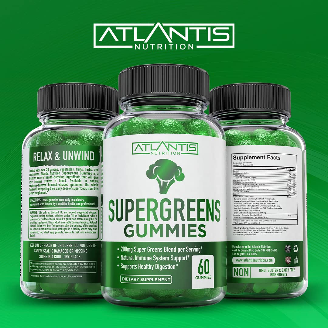 Atlantis Nutrition Supergreens Gummies - Daily Green Superfoods Supplement with Spinach, Broccoli, Moringa, Beet Root, Celery, Green Tea, & Acai for Immunity Support - Natural Raspberry Flavor, 60 cnt Atlantis Nutrition uk supplements