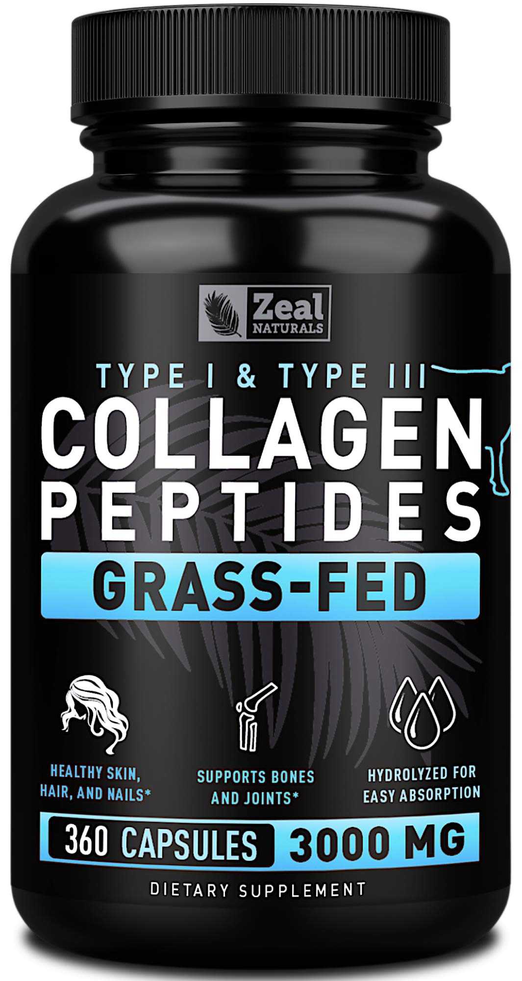 Zeal Naturals Collagen Peptides Collagen Pills (360 Capsules) Grass Fed Collagen Pepetide Powder - Hydrolyzed Collagen Powder for JointTendon SupplementHair Skin and Nails - Zeal Naturals uk supplements