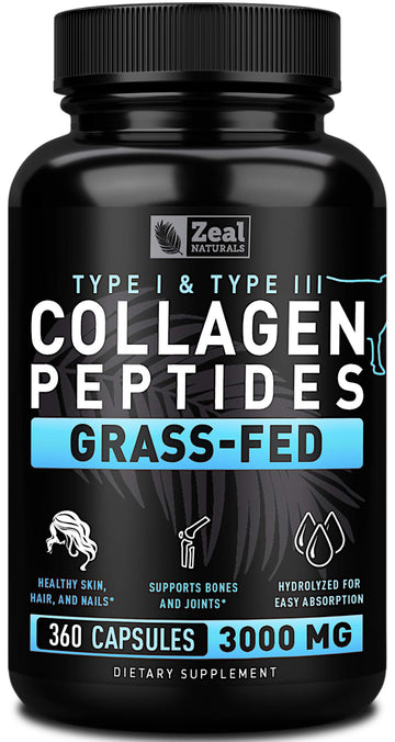 Zeal Naturals Collagen Peptides Collagen Pills (360 Capsules) Grass Fed Collagen Pepetide Powder - Hydrolyzed Collagen Powder for JointTendon SupplementHair Skin and Nails - Zeal Naturals uk supplements