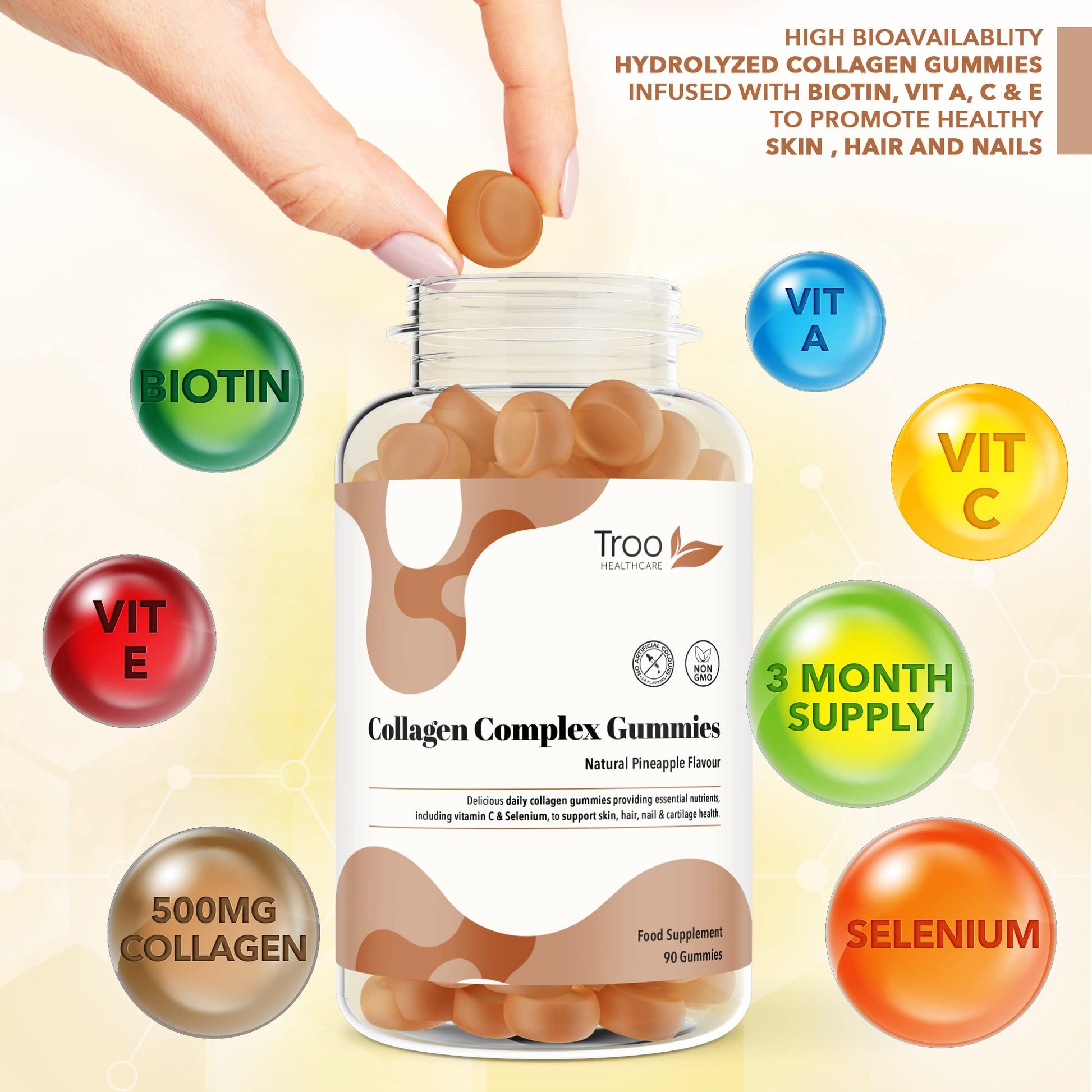 Hydrolysed Collagen Complex - 90 Natural Pineapple Flavour Chewable Gummies - One Per Day with Biotin, Vitamin C and Selenium Troo Health Care uk supplements