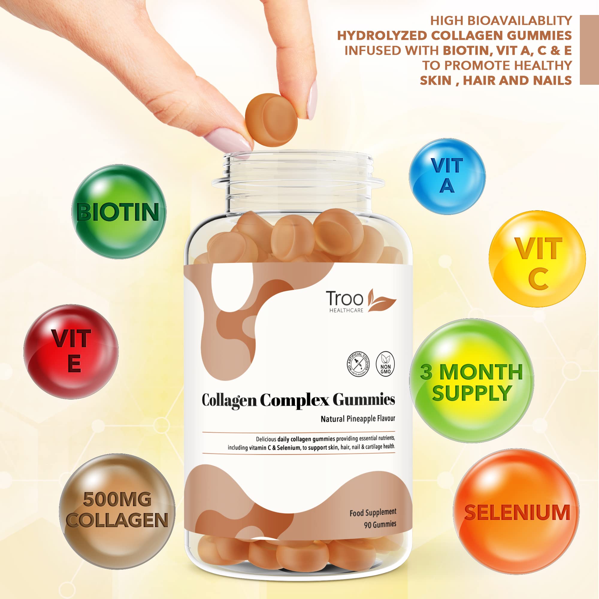 Hydrolysed Collagen Complex - 90 Natural Pineapple Flavour Chewable Gummies - One Per Day with Biotin, Vitamin C and Selenium Troo Health Care uk supplements