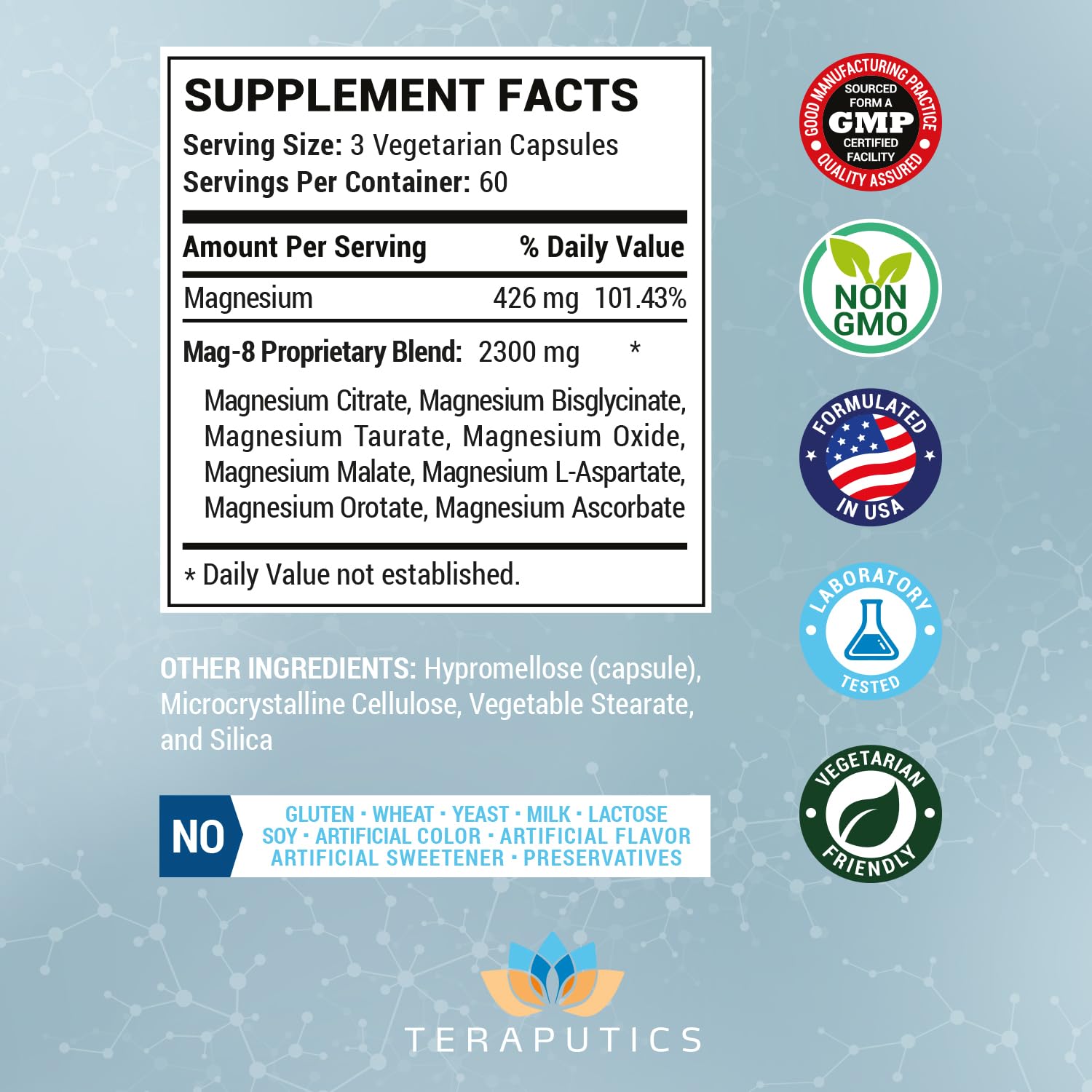 8 in 1 Magnesium Complex for Women & Men 426mg | 180 Vegan Capsules | MAG-8 Blend: Citrate, Bisglycinate, Malate, & More | Non-GMO Magnesio Complex Supplement | Provides 100% Daily Recommended Value Teraputics uk supplements