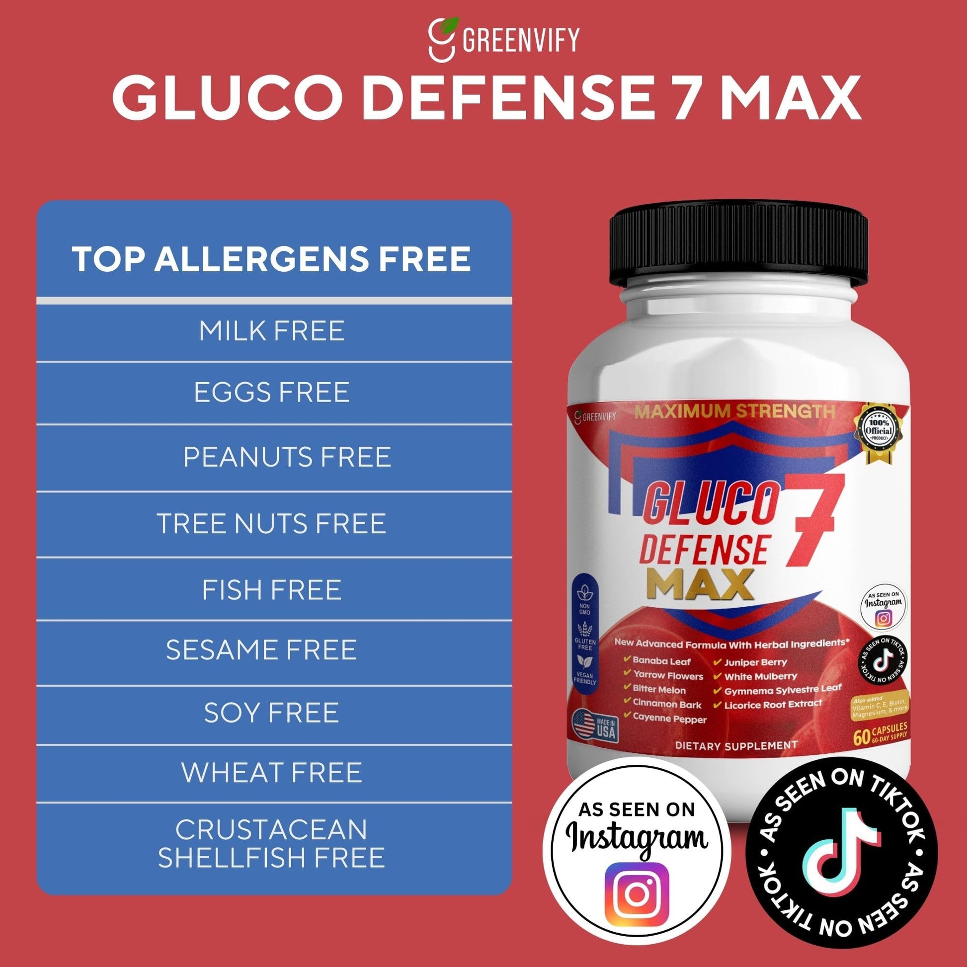 GREENVIFY Gluco Defense 7 Max, Maximum Strength Dietary Supplement, 60 Capsules, with Banaba Leaf, Juniper Berry, Yarrow Flowers (1) GREENVIFY uk supplements