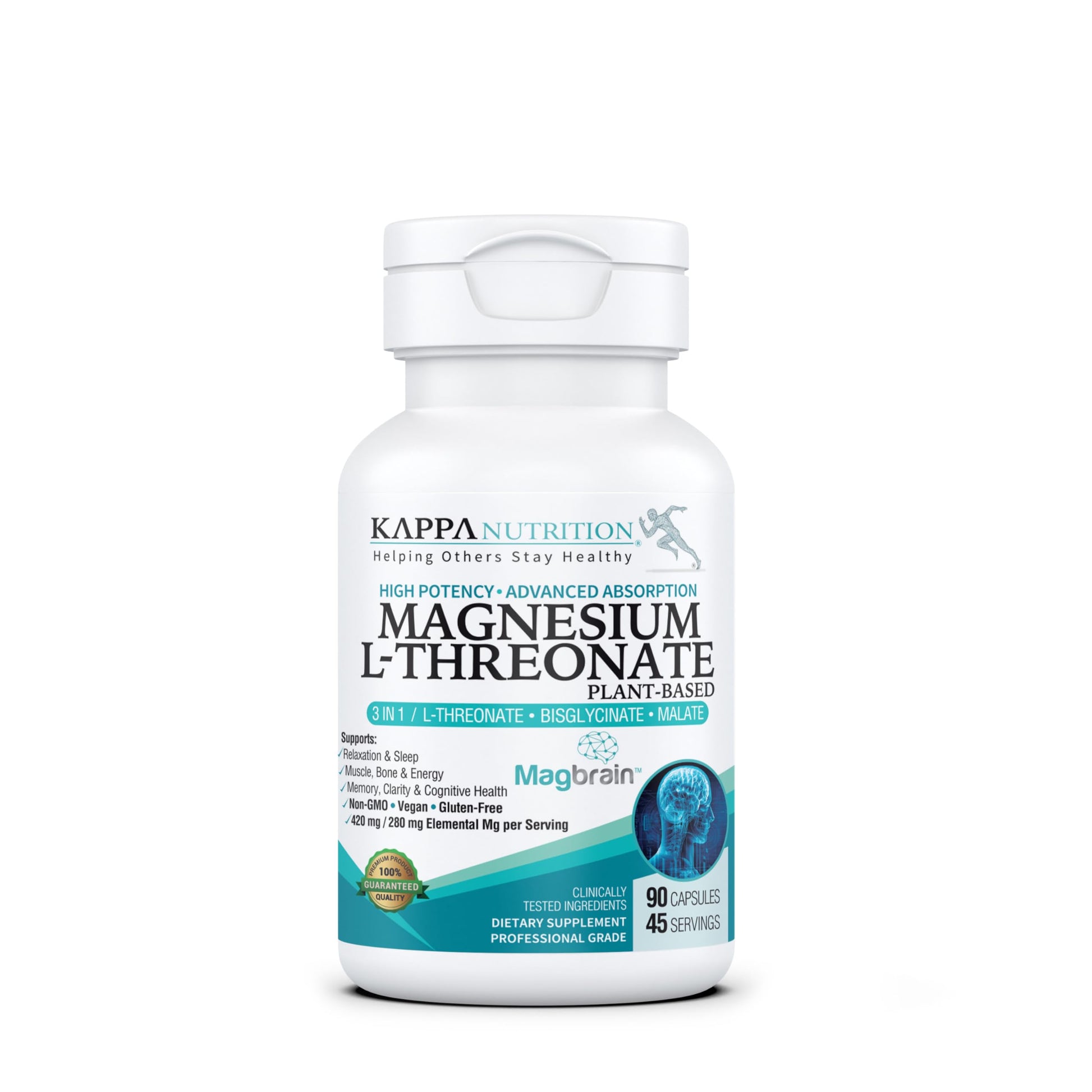 Kappa Nutrition Powered by Magbrain™ Magnesium L-Threonate Plant-Based, 90 Vegan Capsules, 420mg Elemental Magnesium (3 Capsules) from 2,253mg, Brain, Sleep & Muscle Support. KAPPA NUTRITION uk supplements