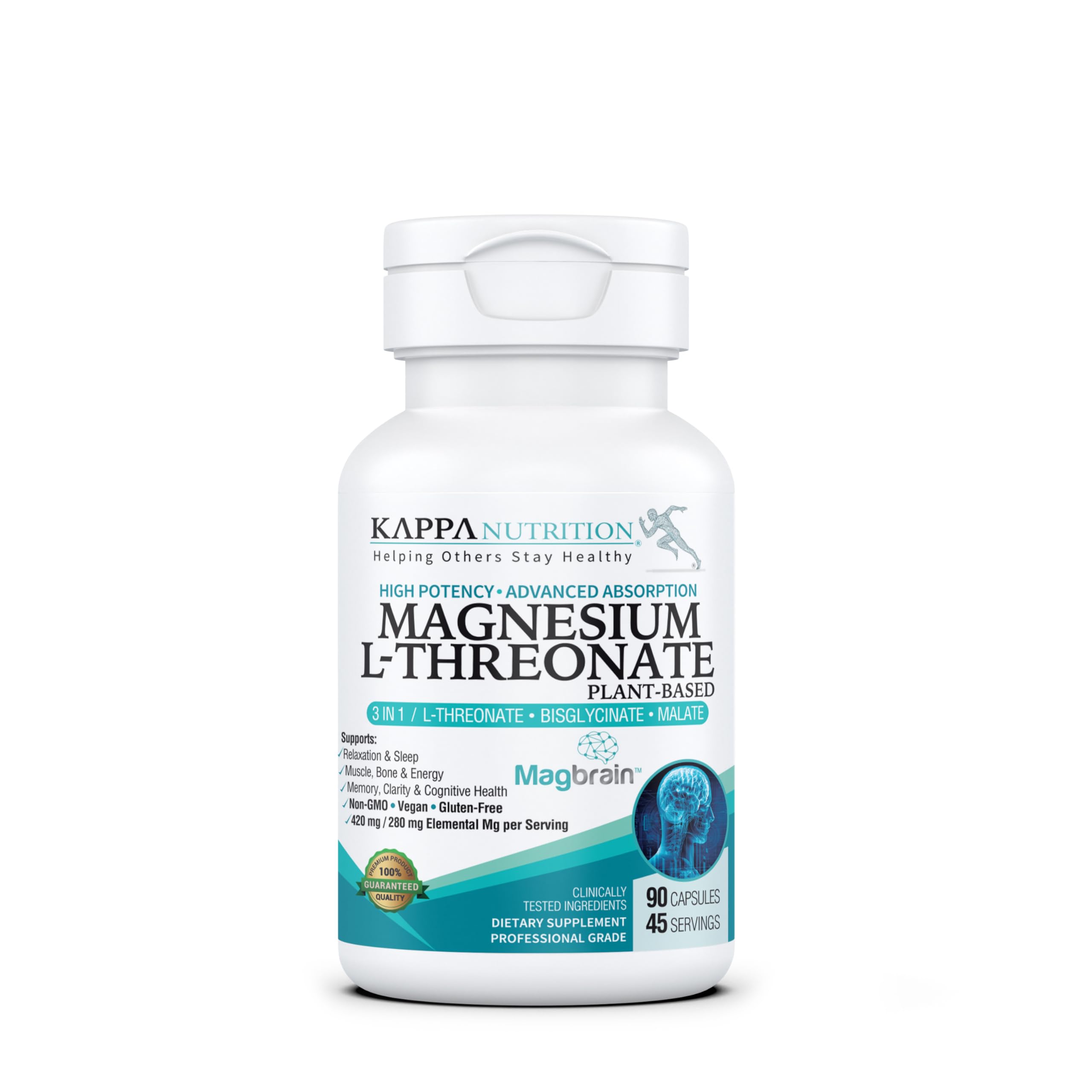 Kappa Nutrition Powered by Magbrain™ Magnesium L-Threonate Plant-Based, 90 Vegan Capsules, 420mg Elemental Magnesium (3 Capsules) from 2,253mg, Brain, Sleep & Muscle Support. KAPPA NUTRITION uk supplements