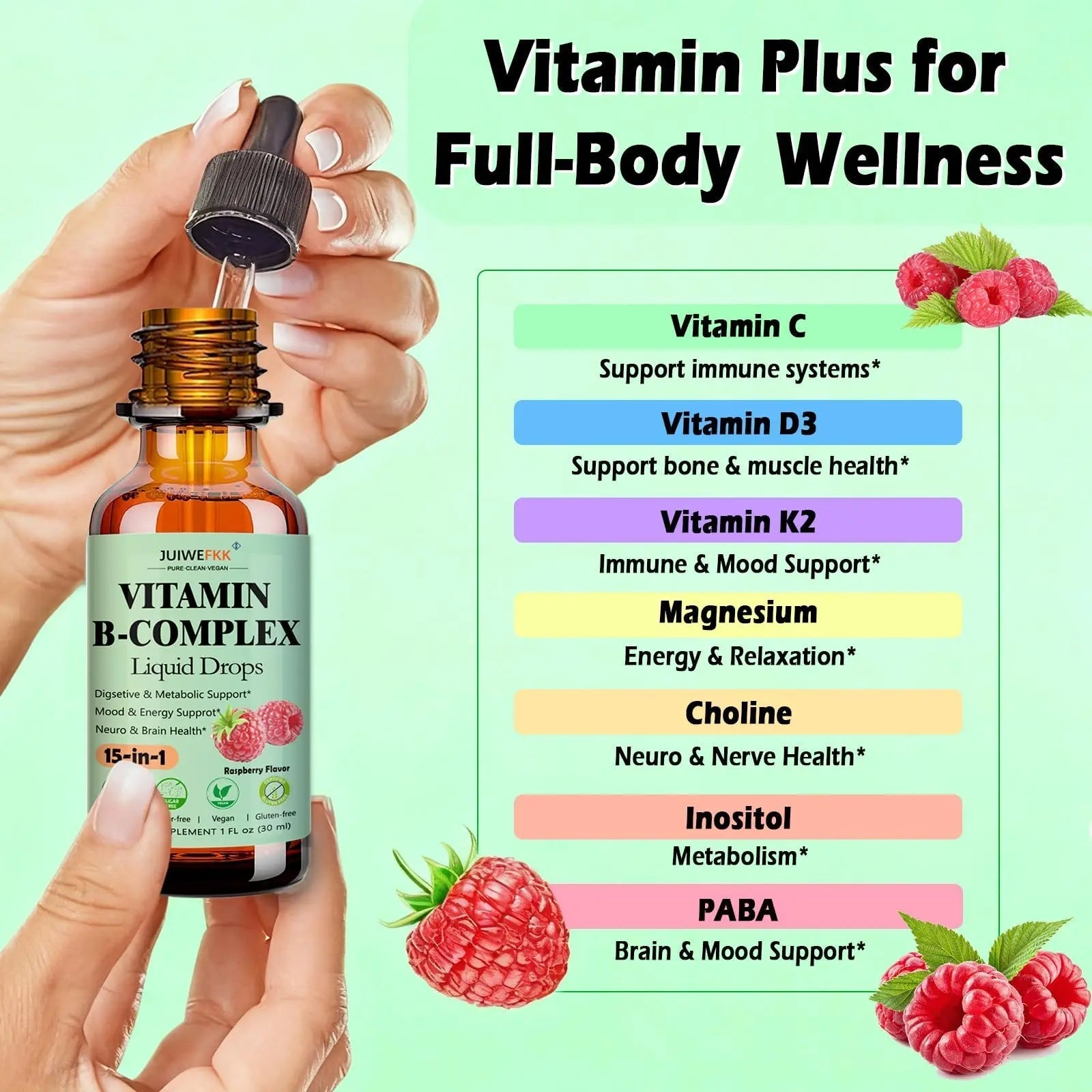 Vitamin B Complex Liquid Drops for Women Men & Kids, 15-in-1 VIT B Complex with Vitamin C B12 B6 B1 Niacin Folate Magnesium JUIWEFKK uk supplements