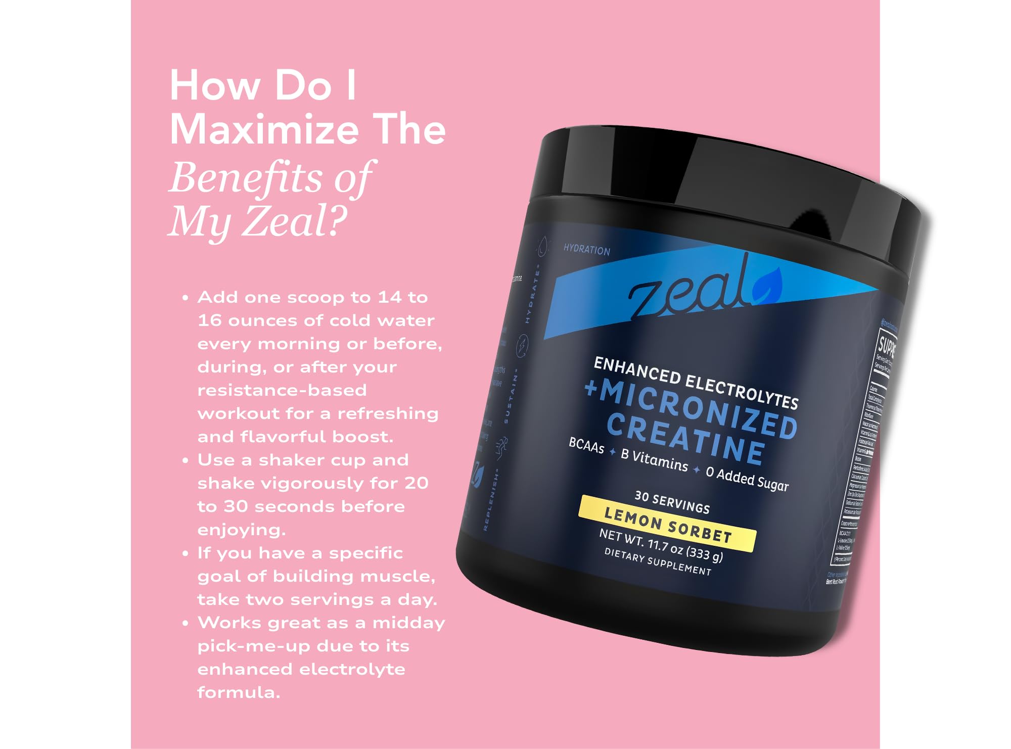 Zeal Naturals Creatine with Electrolytes & Brain Health Nootropics - 30 Servings | Women's Support for Energy, Strength, Focus, & Hydration with B Vitamins | Lemon Sorbet | Zero Sugar No Bloat Formula Zeal Naturals uk supplements