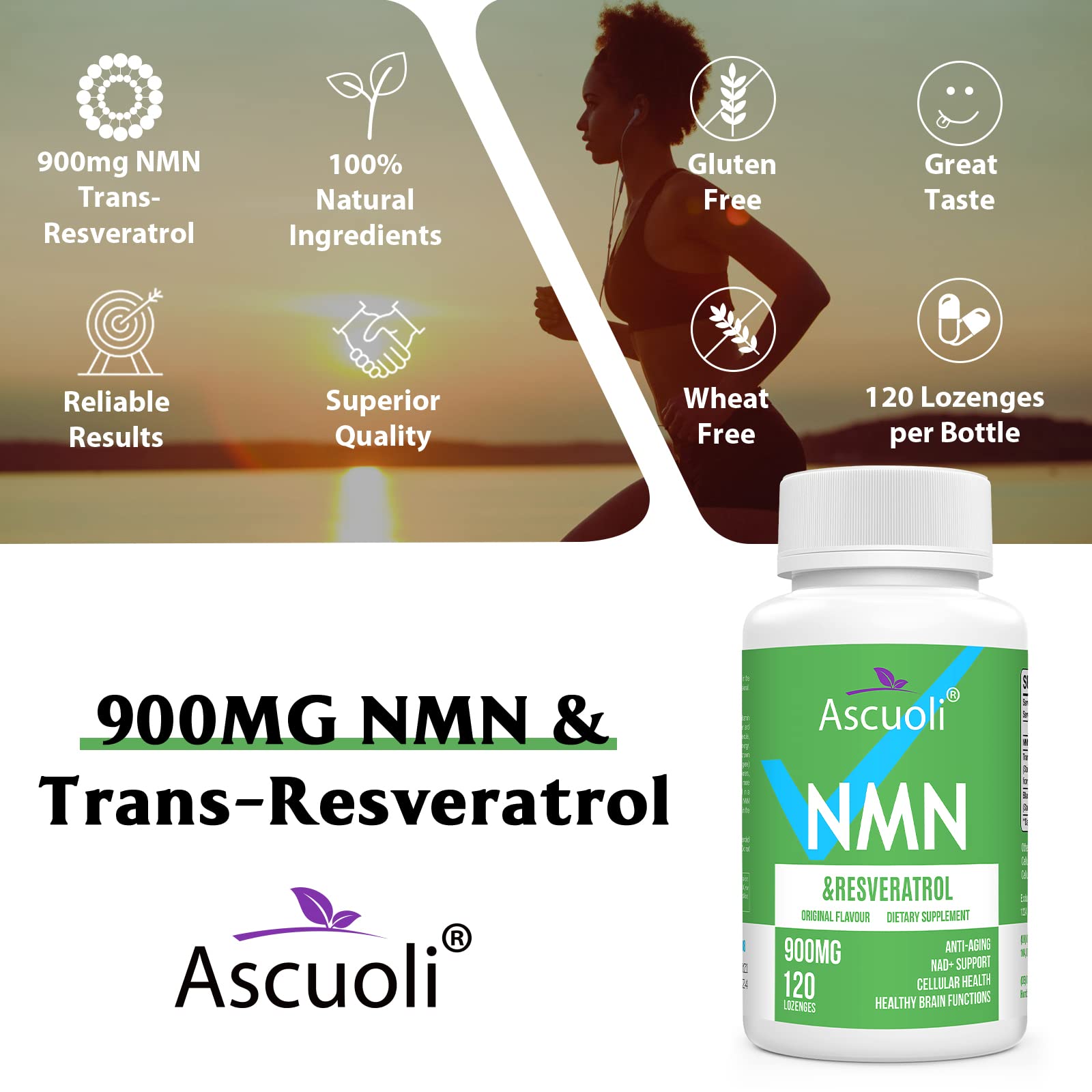Sublingual NMN 500mg + Trans-Resveratrol 400mg, 3-in-1 Advanced Formula 99% Pure NMN Resveratrol Supplement for Boost* NAD, Cell, Immune, Energy & Muscle, Anti-Aging, 120 Lozenges (120-Day Supply) Ascuoli uk supplements