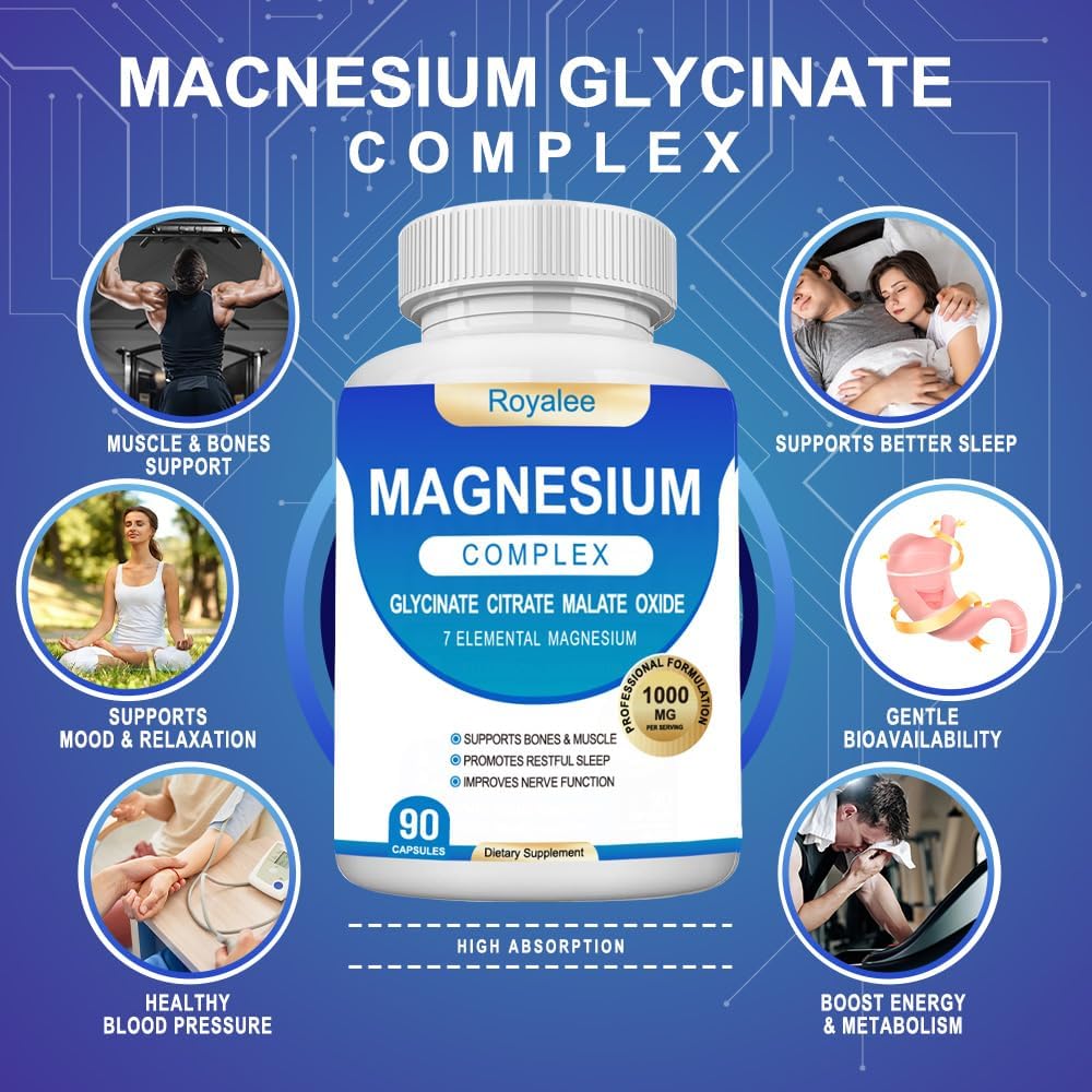 Magnesium Complex Supplement - 1000mg with 7 Magnesium Forms Including Glycinate, Citrate, Malate, Taurate & Orotate - Supports Relaxation, Muscle Function & Bone Strength - 90 Capsules Royalee uk supplements
