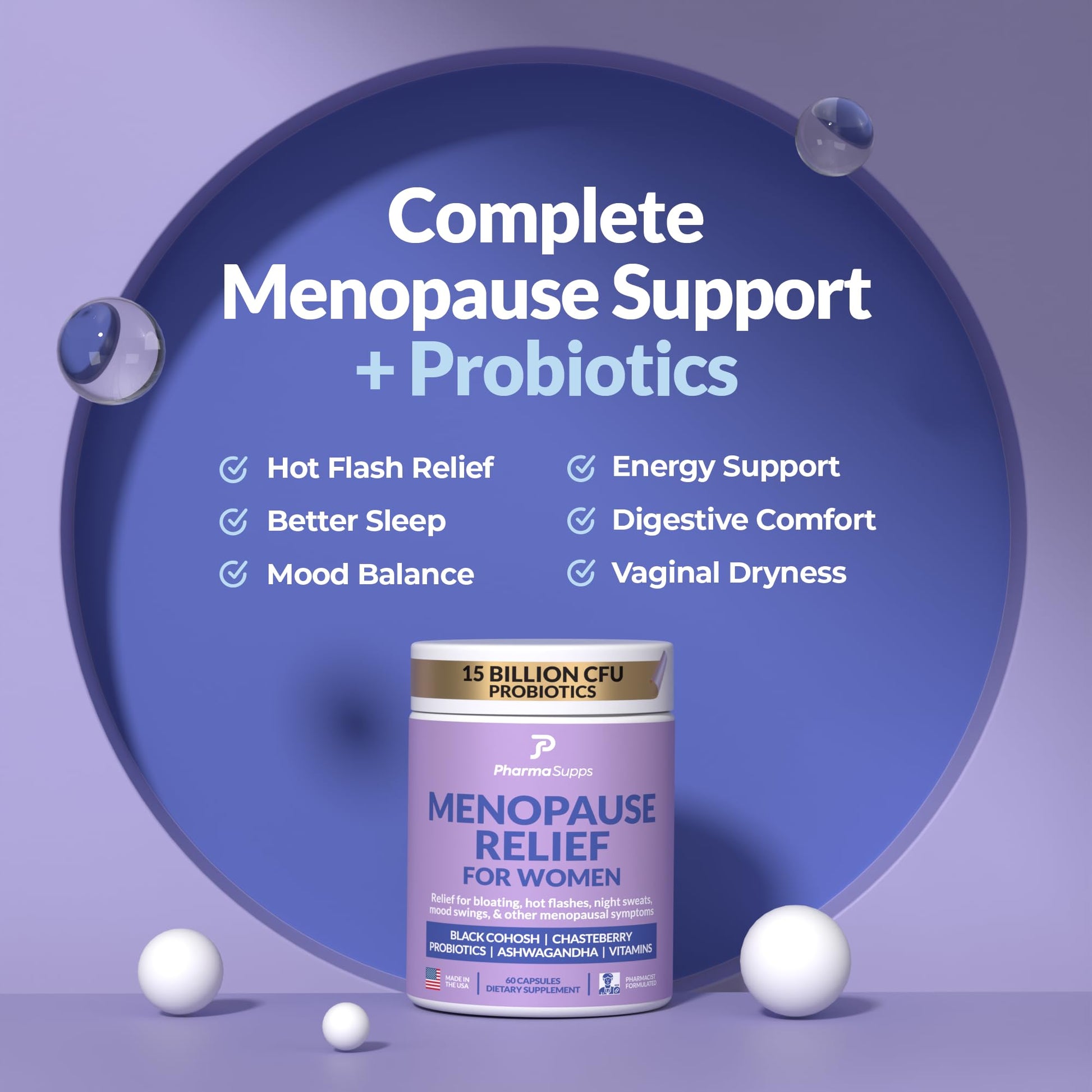 Natural Menopause Supplements for Women - Perimenopause Supplements for Hormonal Balance, Bloating & Mood Swings | Hot Flashes Menopause Relief w/Probiotics & Prebiotics, Black Cohosh & Chasteberry PharmaSupps uk supplements