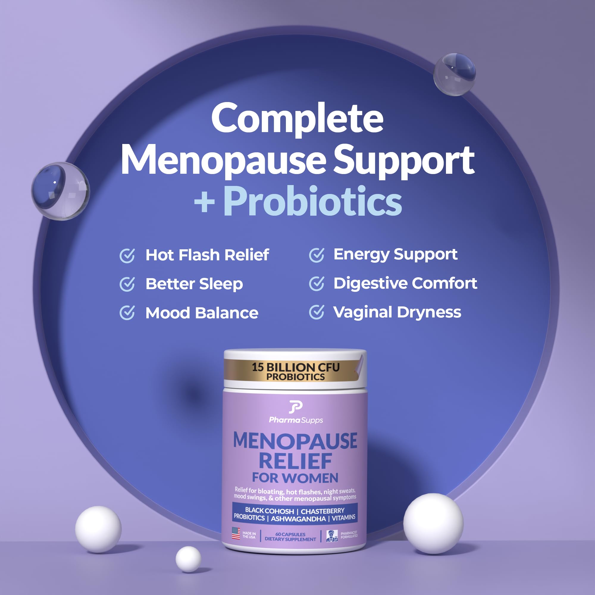 Natural Menopause Supplements for Women - Perimenopause Supplements for Hormonal Balance, Bloating & Mood Swings | Hot Flashes Menopause Relief w/Probiotics & Prebiotics, Black Cohosh & Chasteberry PharmaSupps uk supplements