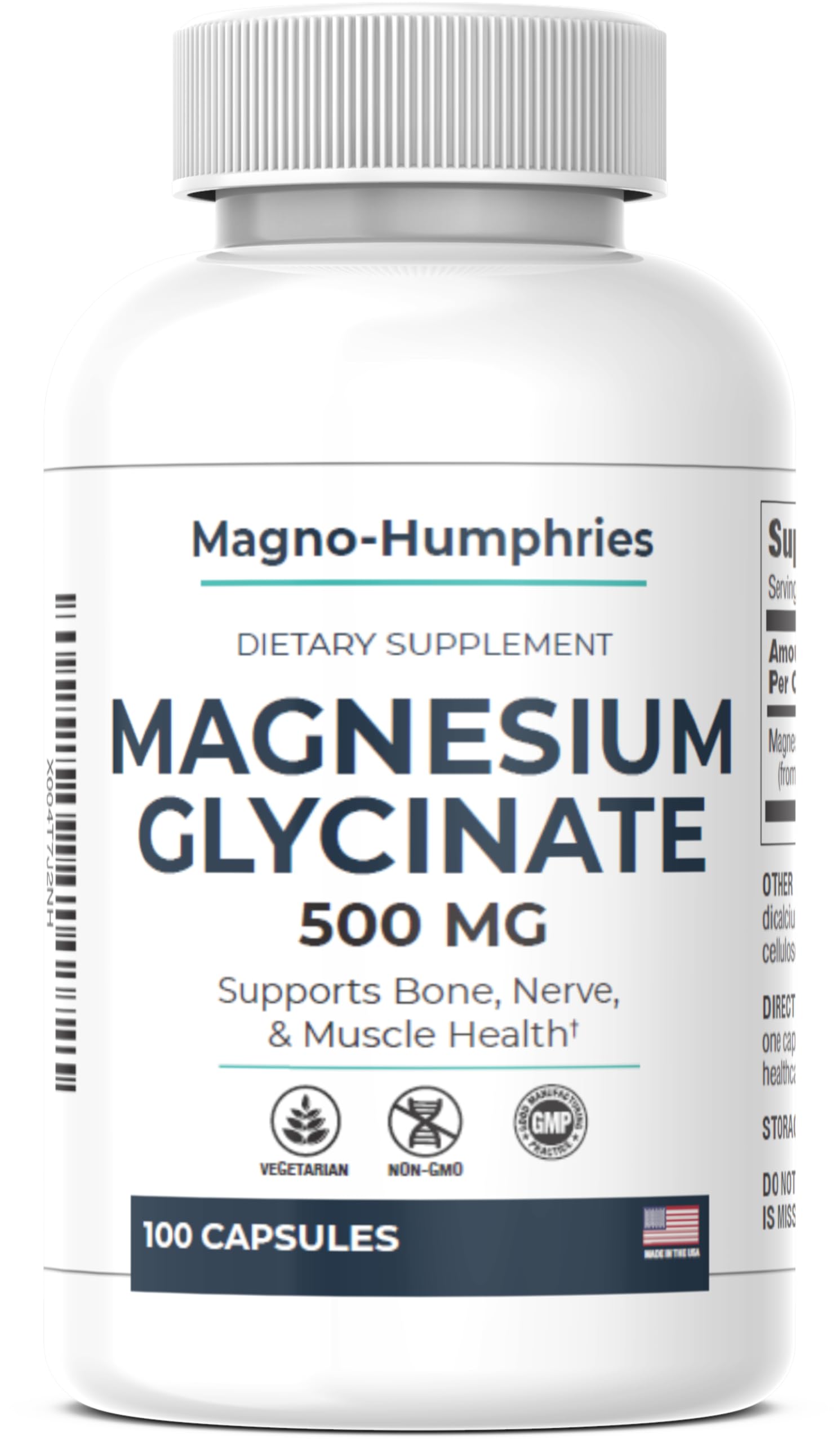 Magno-Humphries Magnesium Glycinate 500 mg - 100 Capsules | Gentle Chelated Form | Muscle, Nerve & Bone Support | Dietary Supplement | GMP Manufactured in The USA Magno-Humphries uk supplements