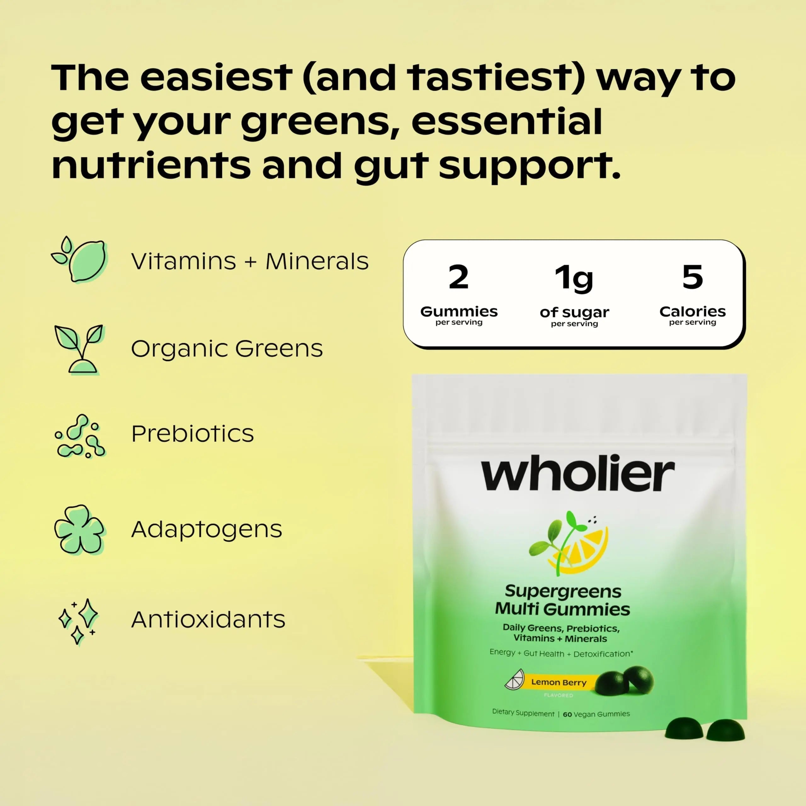 wholier Supergreens Multi Gummies, Daily Greens with Prebiotics, Fiber, Adaptogens, Plant-Based Multivitamin with 9 Essential Vitamins wholier uk supplements