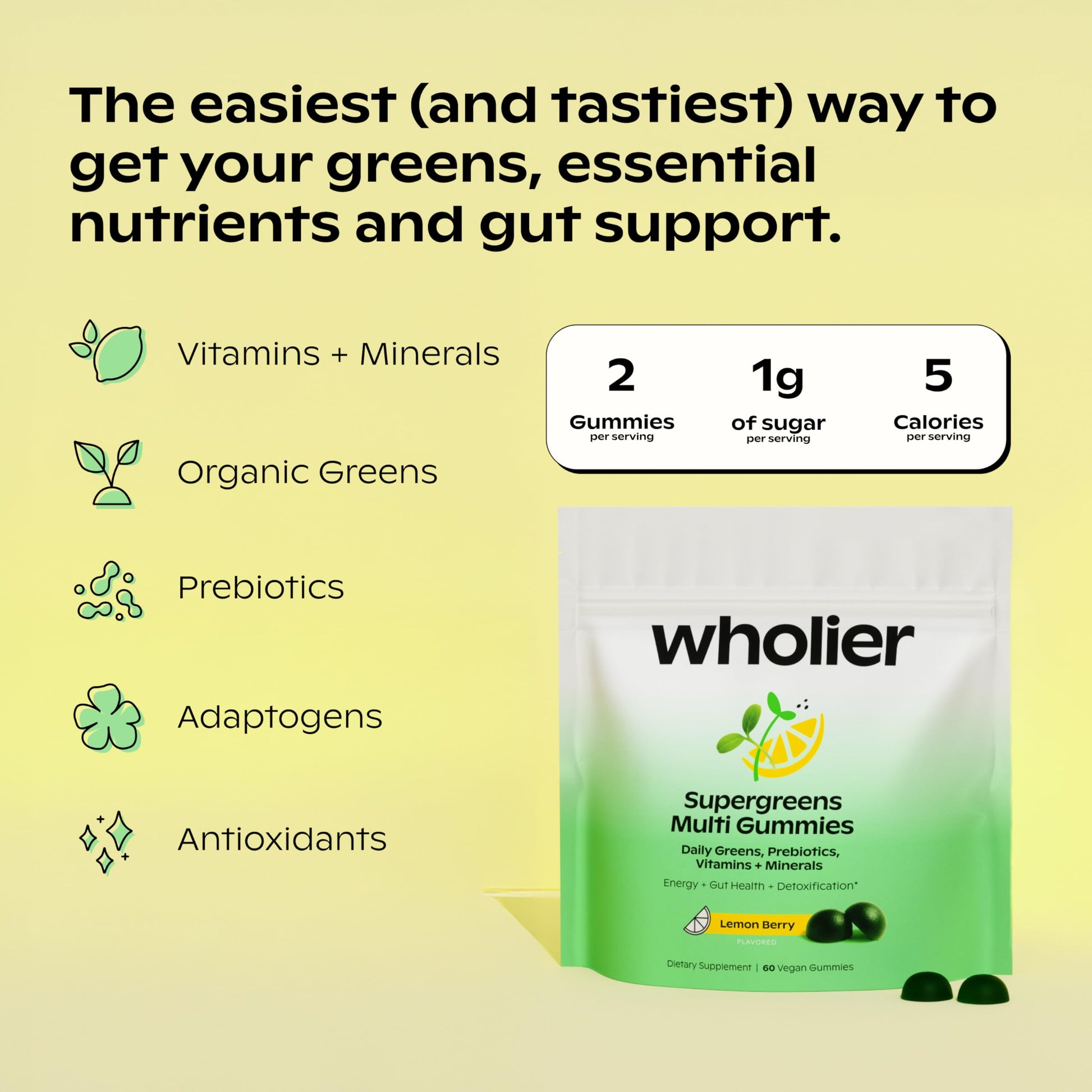 wholier Daily Supergreens Gummies, Greens Supplement with Prebiotics, Fiber, Adaptogens, Vegan Multivitamin, 9 Essential Vitamins + Minerals, 1g Sugar, 2 Gummy Serving (60 Gummies, 30 Day Supply) wholier uk supplements