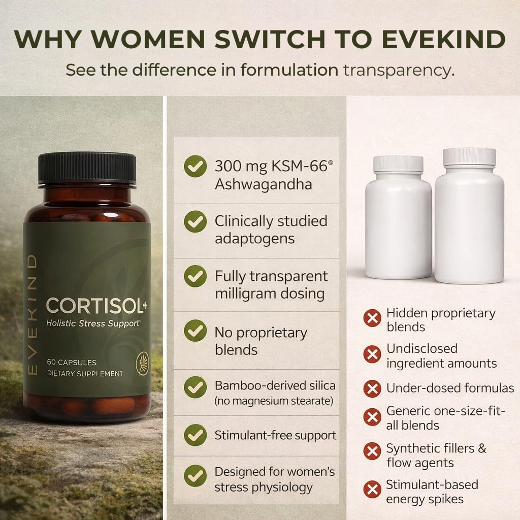 EVEKIND Cortisol Manager + Women’s Stress Relief & Hormone Balance Supplement – Adrenal Support for Mood, Focus & Energy – KSM-66® Ashwagandha, Rhodiola, L-Theanine – Vegan, Non-GMO, 60 Capsules EVEKIND uk supplements
