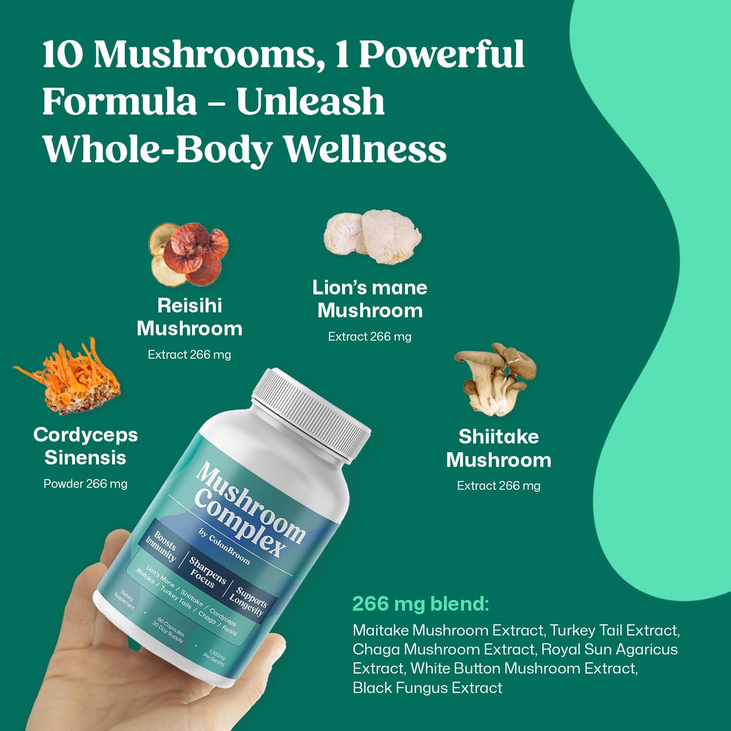 ColonBroom Mushroom Complex, Powerful Mushroom Blend with Cordyceps, Reishi, Shiitake, Lion’s Mane Extract for Energy, Immunity, Stress Relief & Cognitive Health - 60 Capsules, 30 Day Supply ColonBroom uk supplements