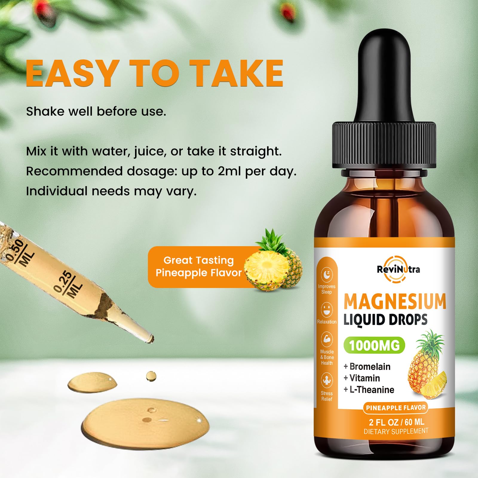 Magnesium Glycinate Liquid Drops, 1000mg of Liquid Magnesium Complex Supplement for Sleep, Nerve, Energy, Muscle, Bone, Calm & Digestion, High Absorption, 2 Fl Oz, Sugar-Free Pineapple Flavor ReviNutra uk supplements