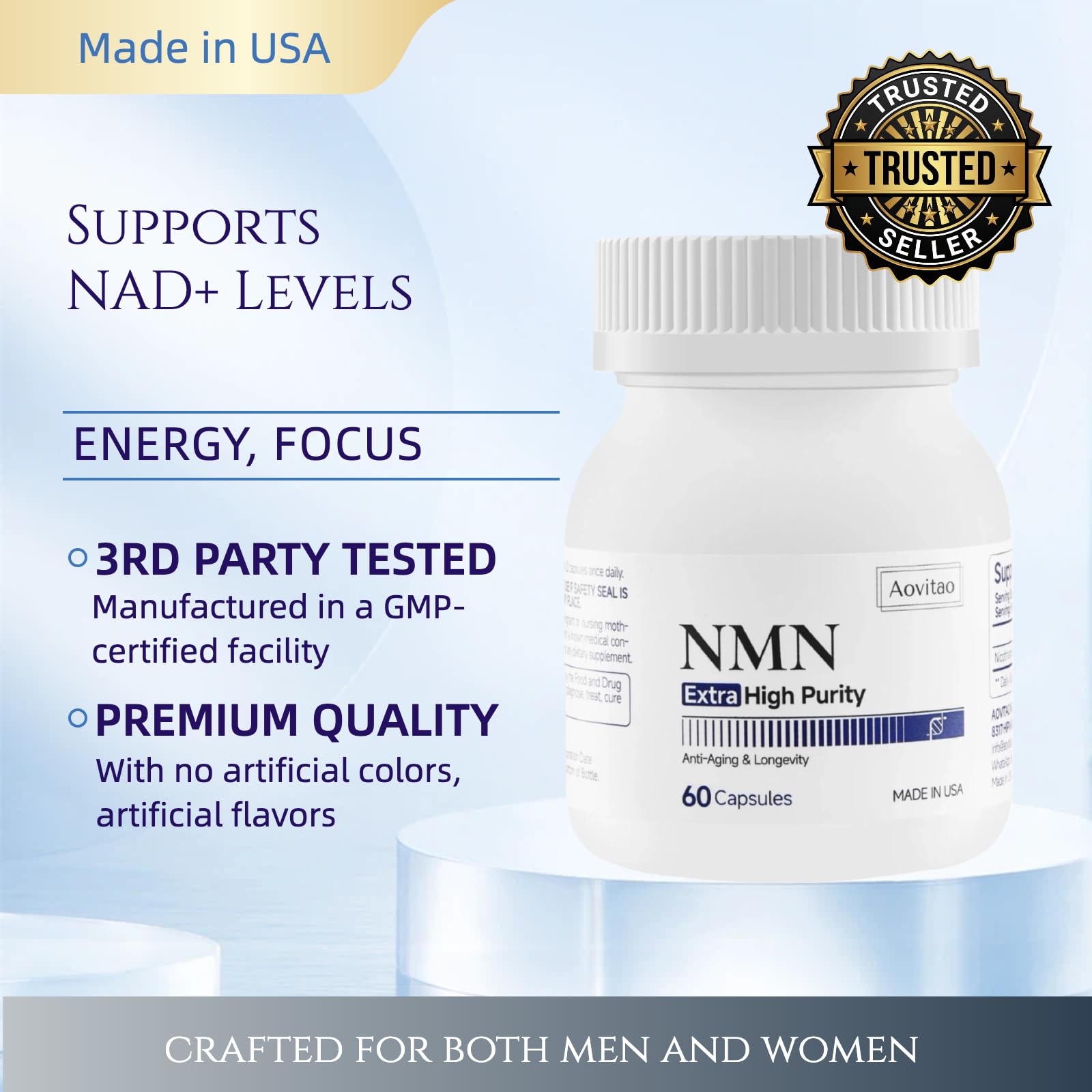 AOVITAO NMN Supplement 500mg Ultra Pure 99.8% | Stabilized Form | Supports NAD+ Production, Cellular Health & Healthy Aging | 60 Capsules AOVITAO uk supplements