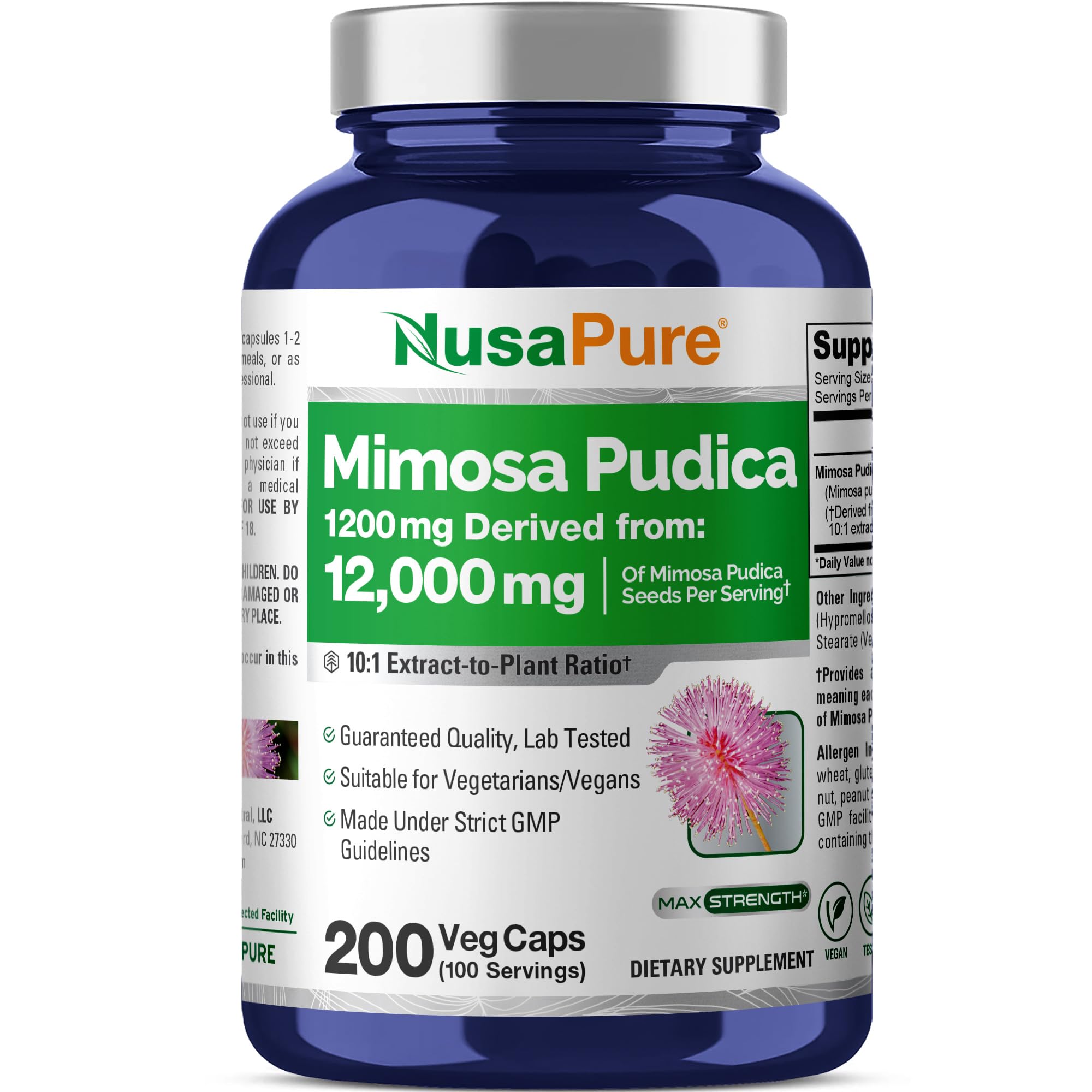 NusaPure Mimosa Pudica Seed 10:1 Extract, 1200 mg Equivalent to 12,000 mg 200 Veg Capsules (Non-GMO, Vegan) NusaPure uk supplements