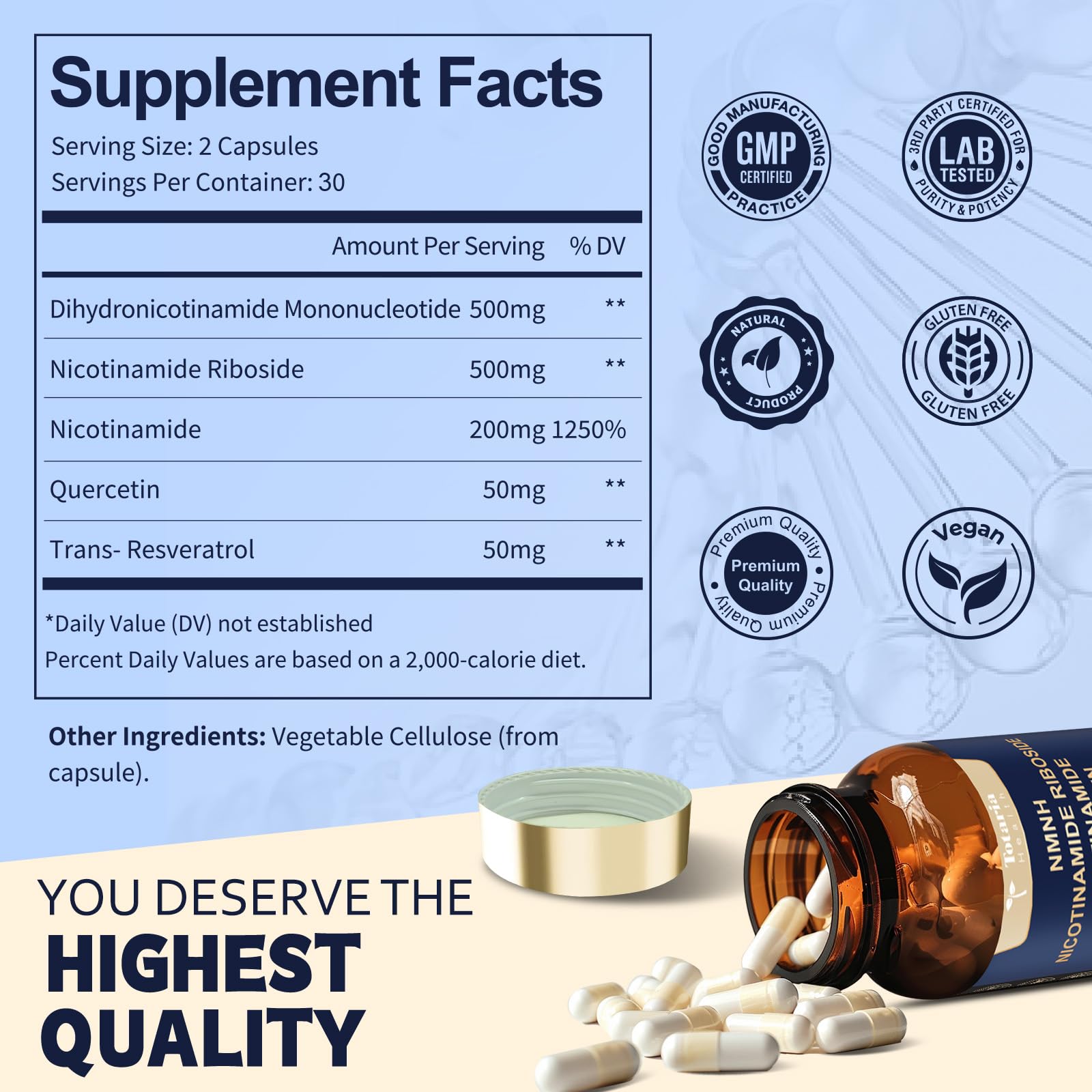Totaria NMNH (NMN Alternative Supplement) (Dihydronicotinamide Mononucleotide) Ultra Strength, NAD+ Support w/Resveratrol & Quercetin, Ultra Absorption for Anti-Aging, Vegan, 60 Counts Totaria uk supplements
