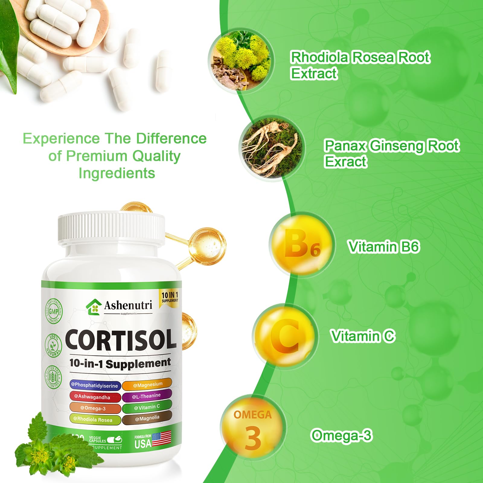 Ashenutri 10-in-1 Cortisol Supplement with Magnesium,Ashwagandha,Rhodiola Rosea,L Theanine,Hormone Balance for Women 120 Vegan Capsules Ashenutri uk supplements