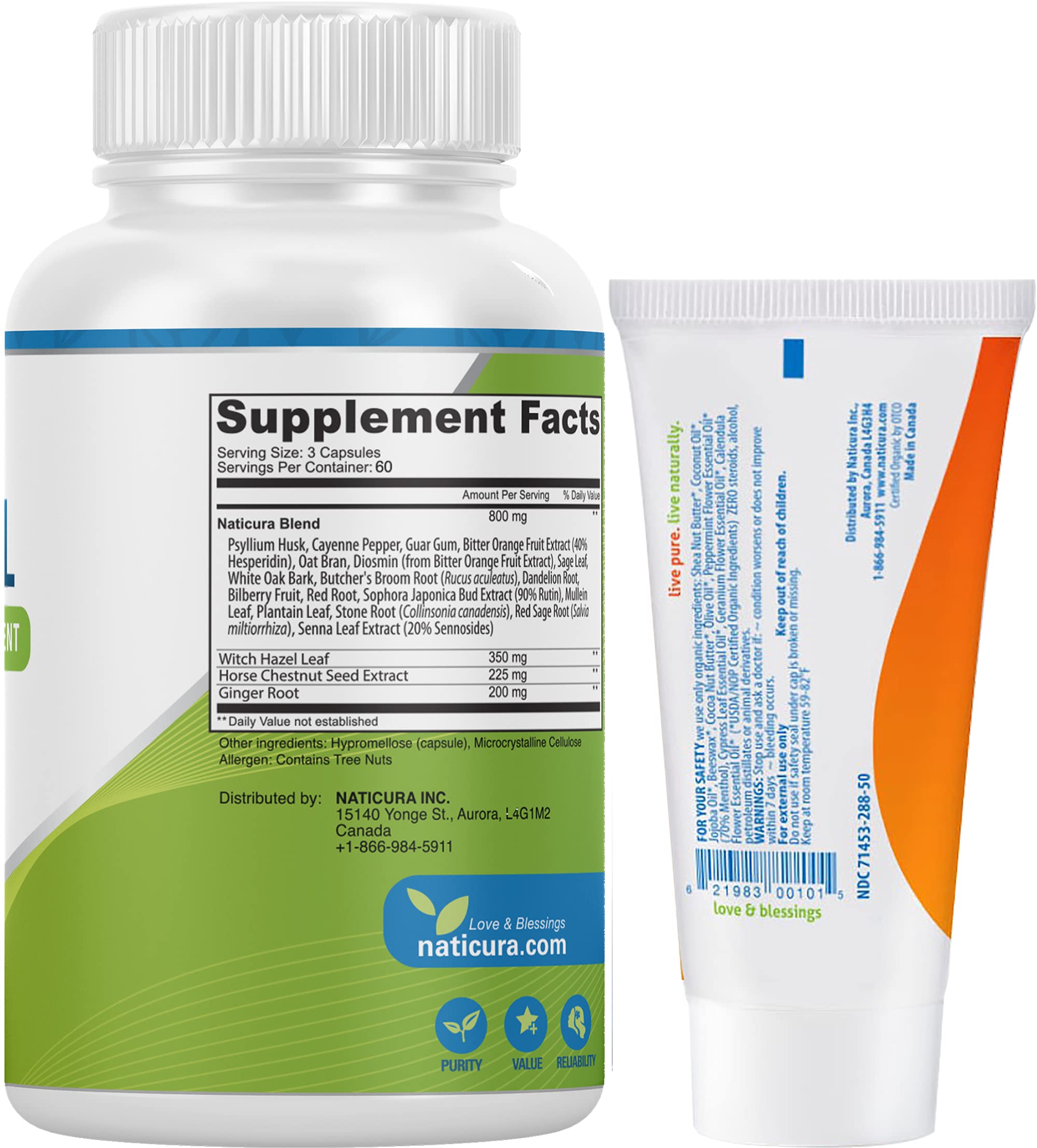 Naticura Bundle - Hem-Control Vegan Digestive Support Supplement (180 Count) and Alleviate Natural Hemorrhoid Relief Cream for Burning, Itching and Swelling (1.7 oz) Plus 2 Travel-Size Tubes Naticura uk supplements