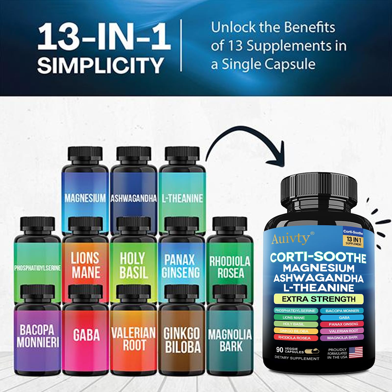 Auivty Cortisol Manager & Adrenal Support - Cortisol Reducer for Stress Relief, Calm & Sleep - 13-in-1 Adaptogen with Ashwagandha & Magnesium - 180 Capsules (2-Pack) Auivty uk supplements