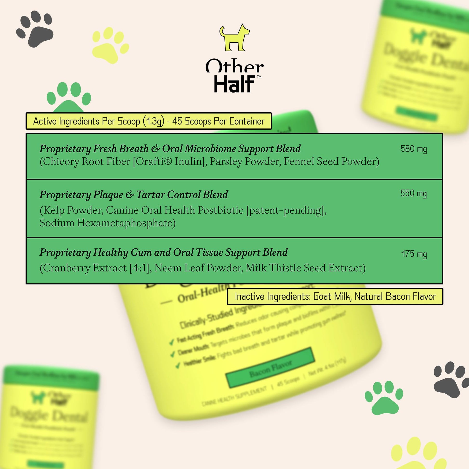 OTHER HALF Doggie Dental Supplement Powder - Dog Breath Freshener & Teeth Cleaning Made Easy - Oral Health Postbiotic for Dogs - Targets Tartar, Plaque & Bad Breath | 45 Scoops, Bacon Flavor OTHER HALF uk supplements