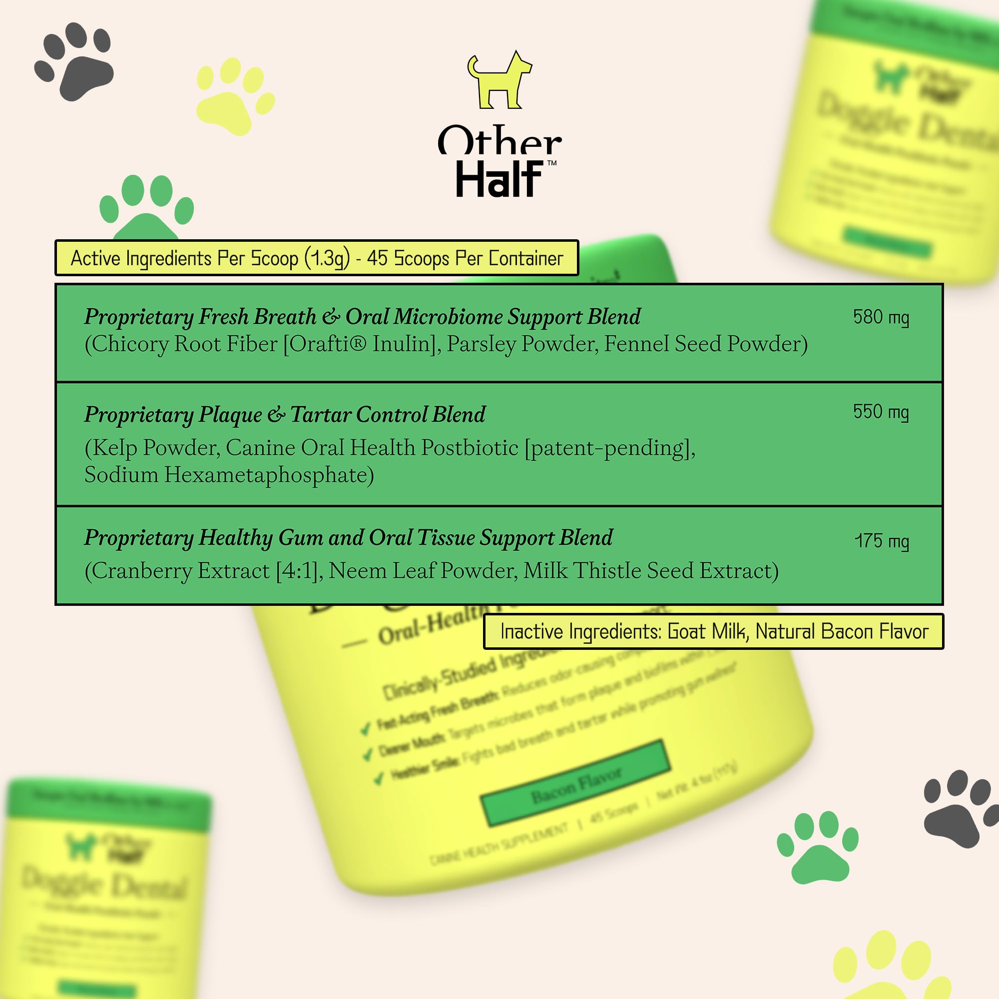 OTHER HALF Doggie Dental Supplement Powder - Dog Breath Freshener & Teeth Cleaning Made Easy - Oral Health Postbiotic for Dogs - Targets Tartar, Plaque & Bad Breath | 45 Scoops, Bacon Flavor OTHER HALF uk supplements