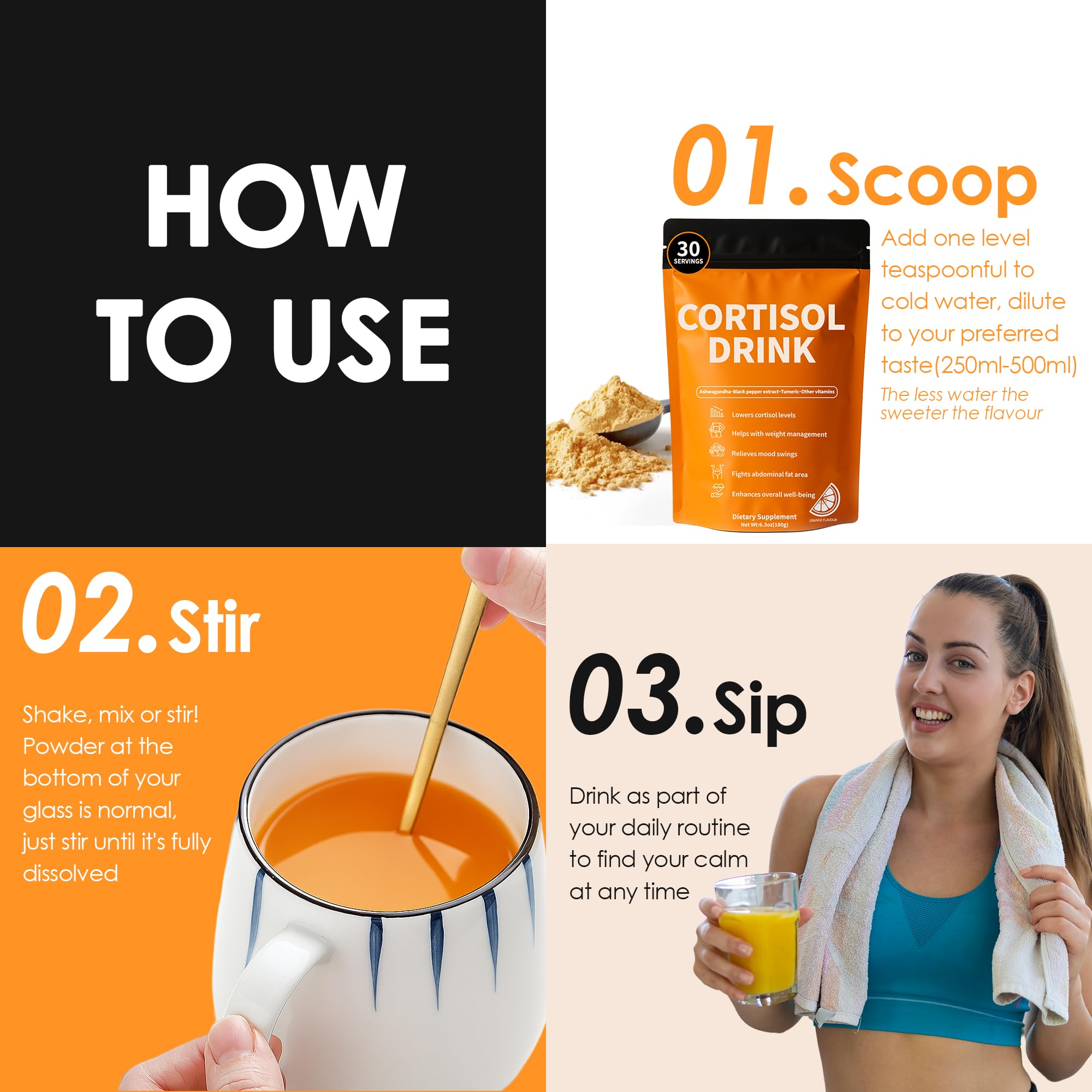 Cortisol Drink Powder - Natural Cortisol Supplements for Ashwagandha, L-Theanine, Turmeric Root, Black Pepper Extract, Relaxation, Focus, Mental Clarity oviaapo uk supplements