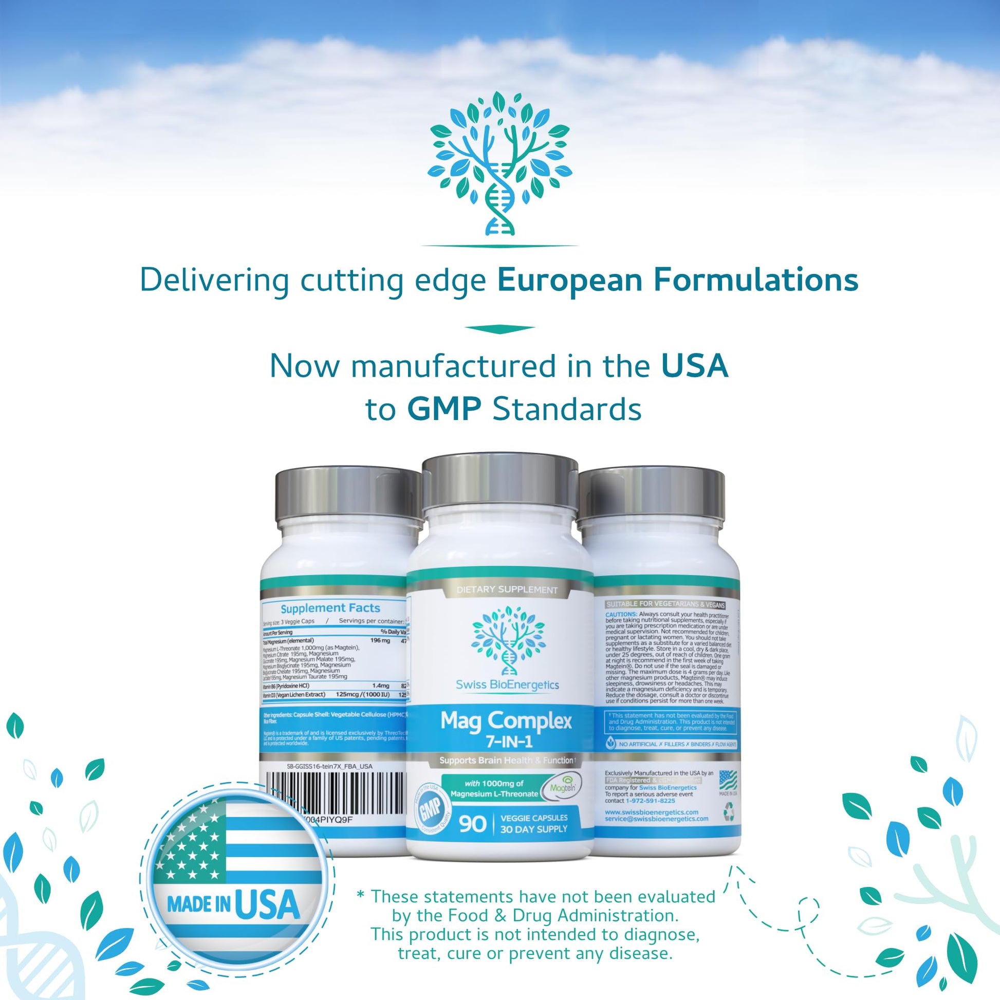 Magnesium L-Threonate Complex 7-in-1 with 1000mg of Magtein Plus Magnesium as Bisglycinate, Taurate, Citrate, Gluconate, Malate & Lactate - Supports Sleep - Vegan, US Made and No Artificial Nasties swiss bioenergetics uk supplements