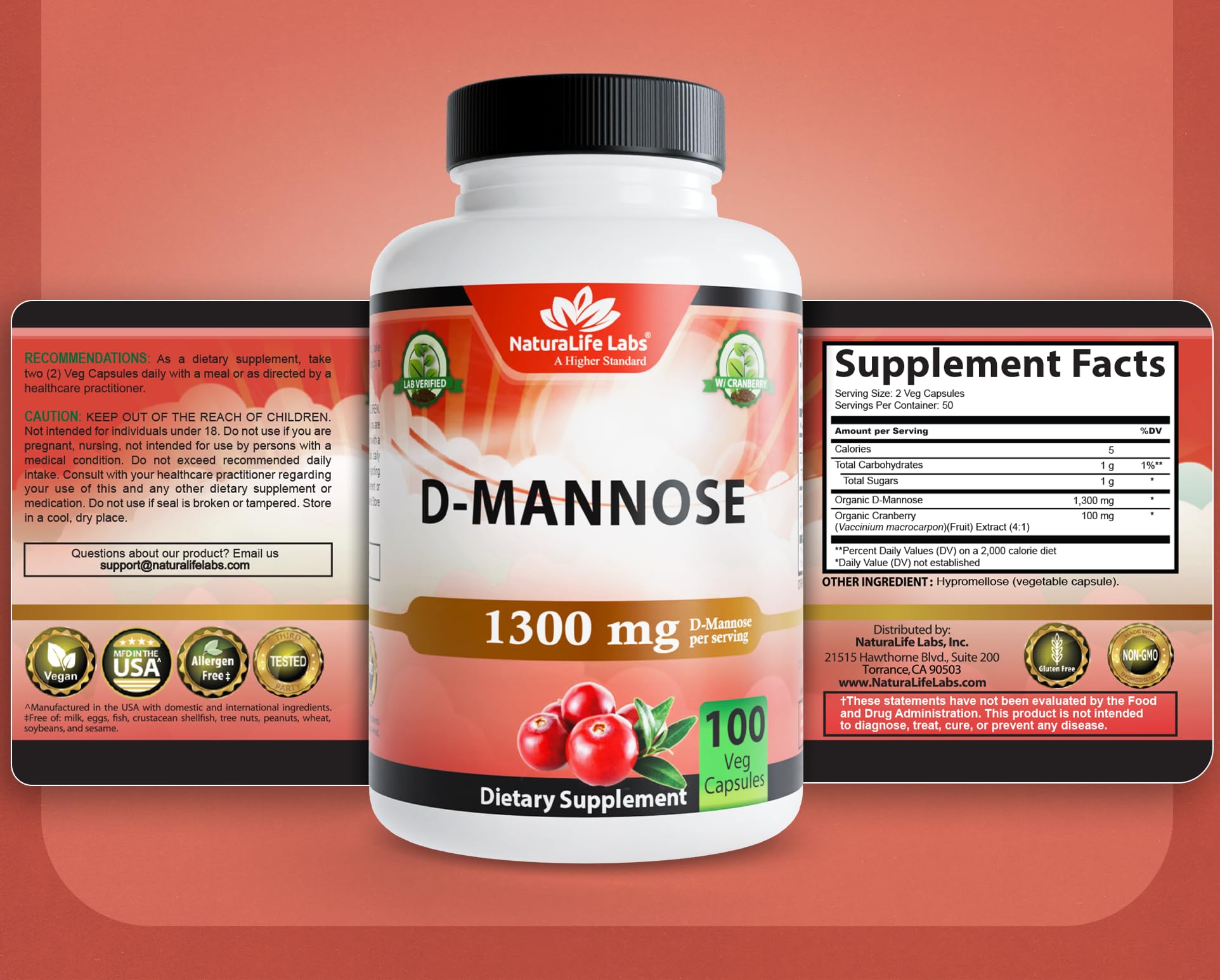 NaturaLife Labs Organic D-Mannose 1300 mg with Organic Cranberry Extract 100 mg per Serving – 100 Capsules – Non-GMO, Gluten-Free, Vegan NaturaLife Labs uk supplements