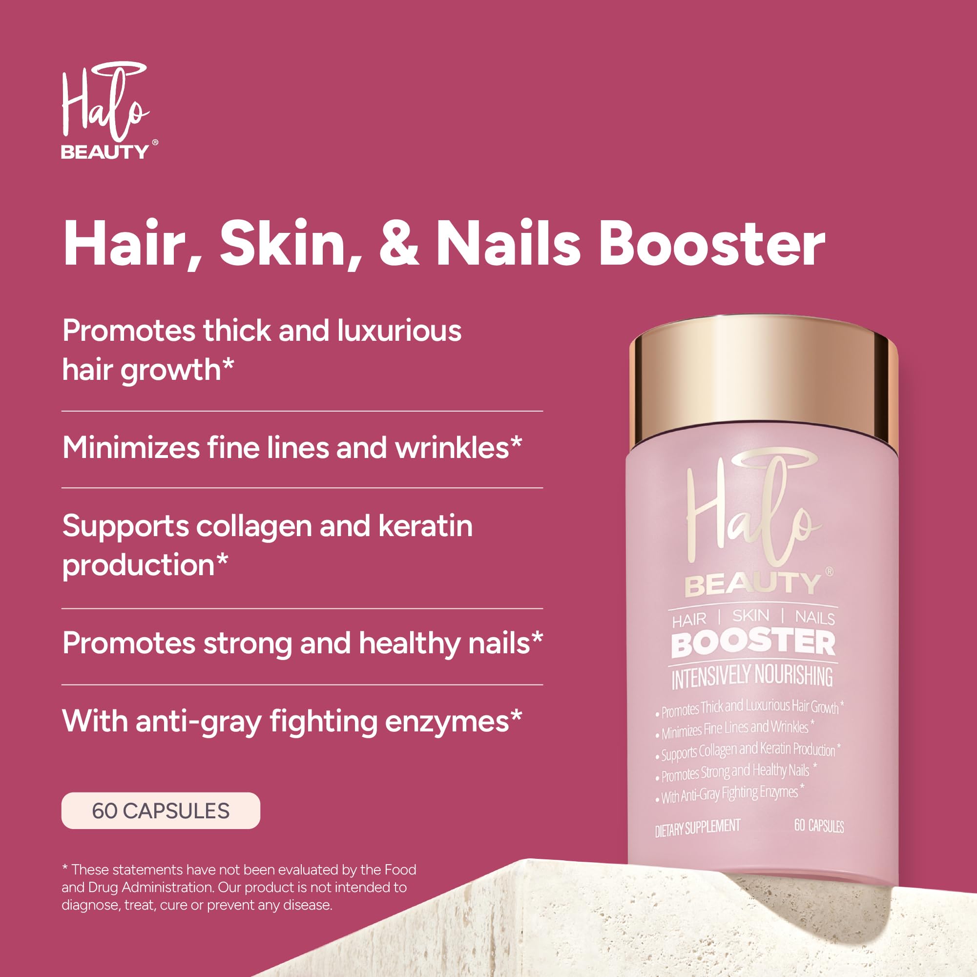 Halo Beauty Hair Skin & Nails Supplement | Thicker Hair Growth, Radiant Skin & Strong Nails Support with Biotin, Saw Palmetto & Phytoceramides | Vegan Capsules | Made in USA | 1-Month Supply Halo Beauty uk supplements