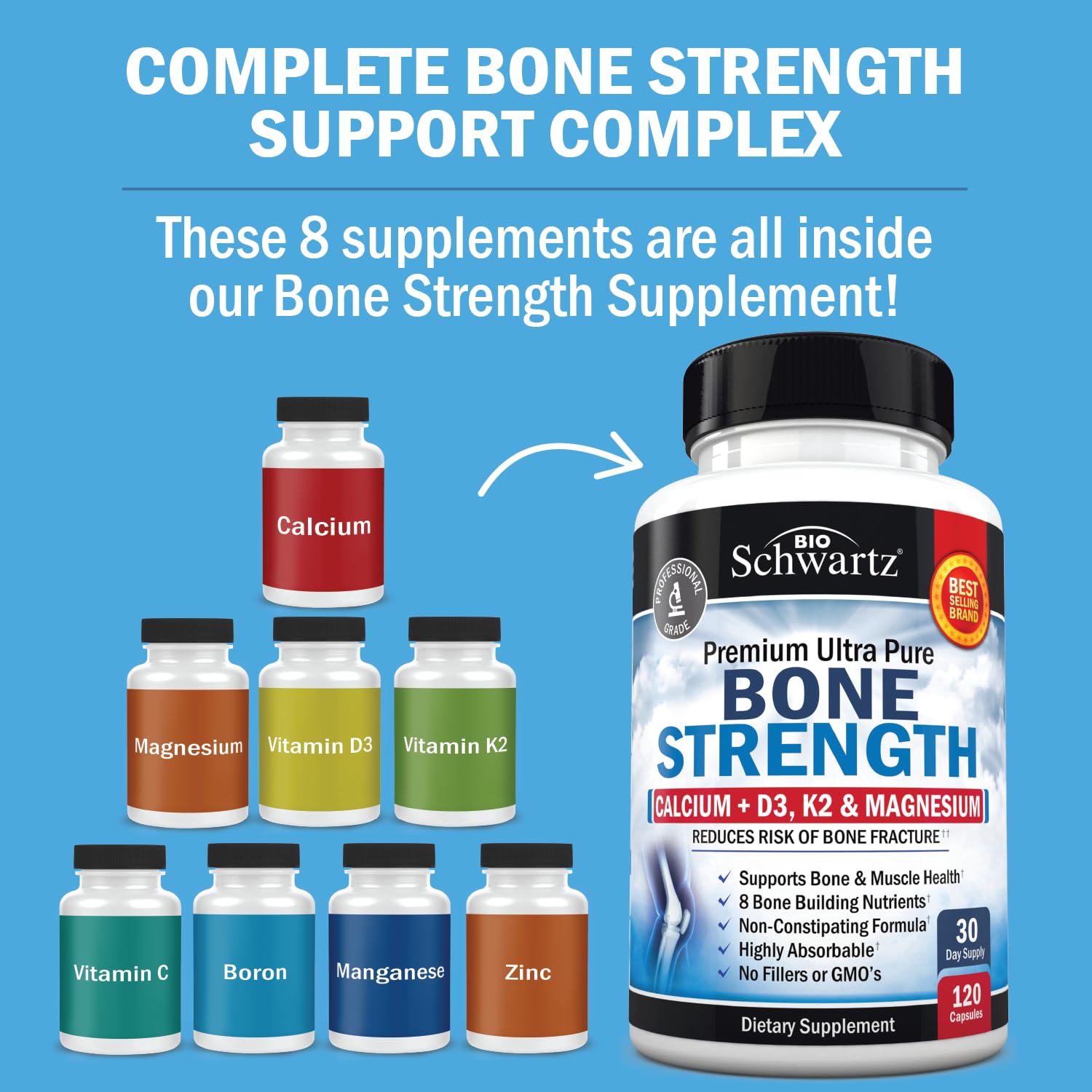 Bone Strength Supplement with Calcium + D3, K2 & Magnesium - Highly Absorbable BioSchwartz uk supplements