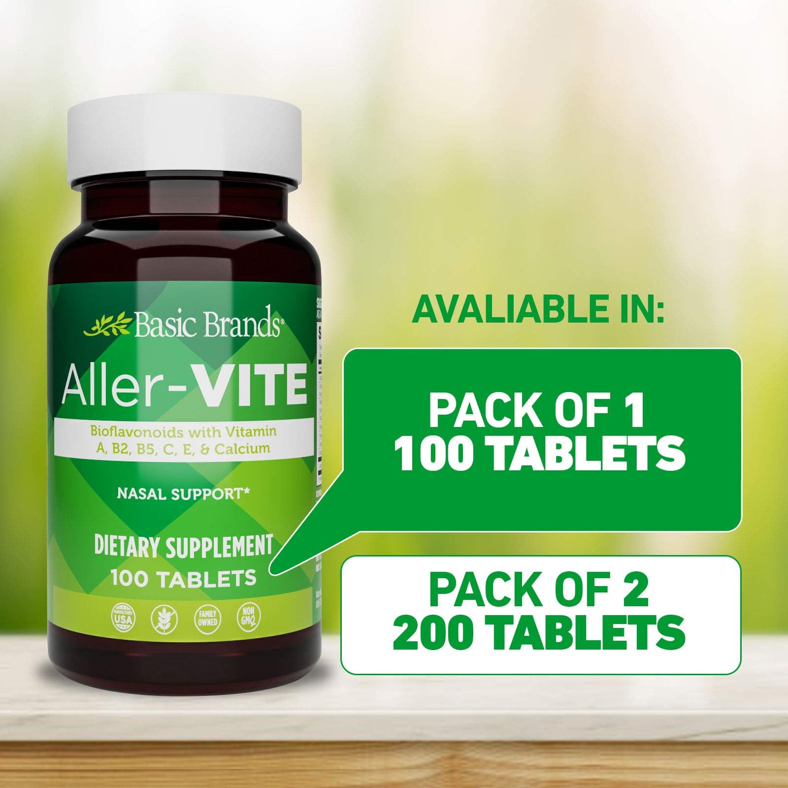 Basic Brands Aller Vite Nasal Support Tablets for Seasonal Allergy Relief, High Bioflavonoid Complex with Vitamins and Calcium, Gluten Free Daily Supplement, 100 Tablets Basic Brands uk supplements