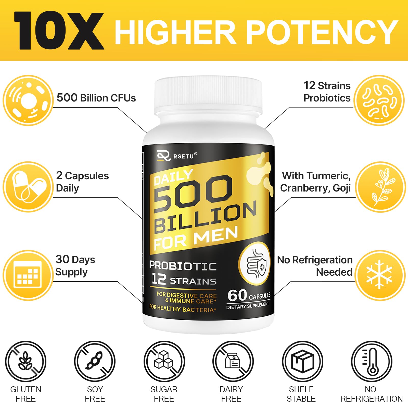 Probiotics for Men, 500 Billion CFUs & 12 Strains Mens Probiotic with Turmeric Cranberry, Goji, Gut Health for Men, for Digestive Health, Gut, Bloating & Gas, Immune, Energy Support, 120-Day Supply RSETU uk supplements