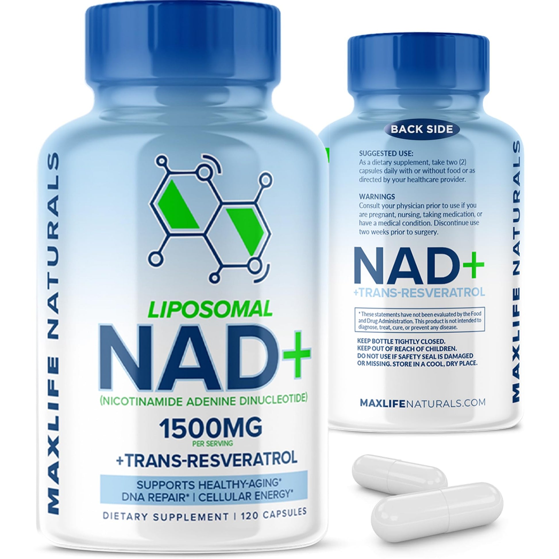 Liposomal NAD+ Trans-Resveratrol Supplement 1500mg - 120 Capsules - Liposomal NAD Supplements for Women and Men, High Purity-NAD Cell Regenerator, Cognitive & Anti Aging Supplement for Women & Men MAXLIFE NATURALS uk supplements