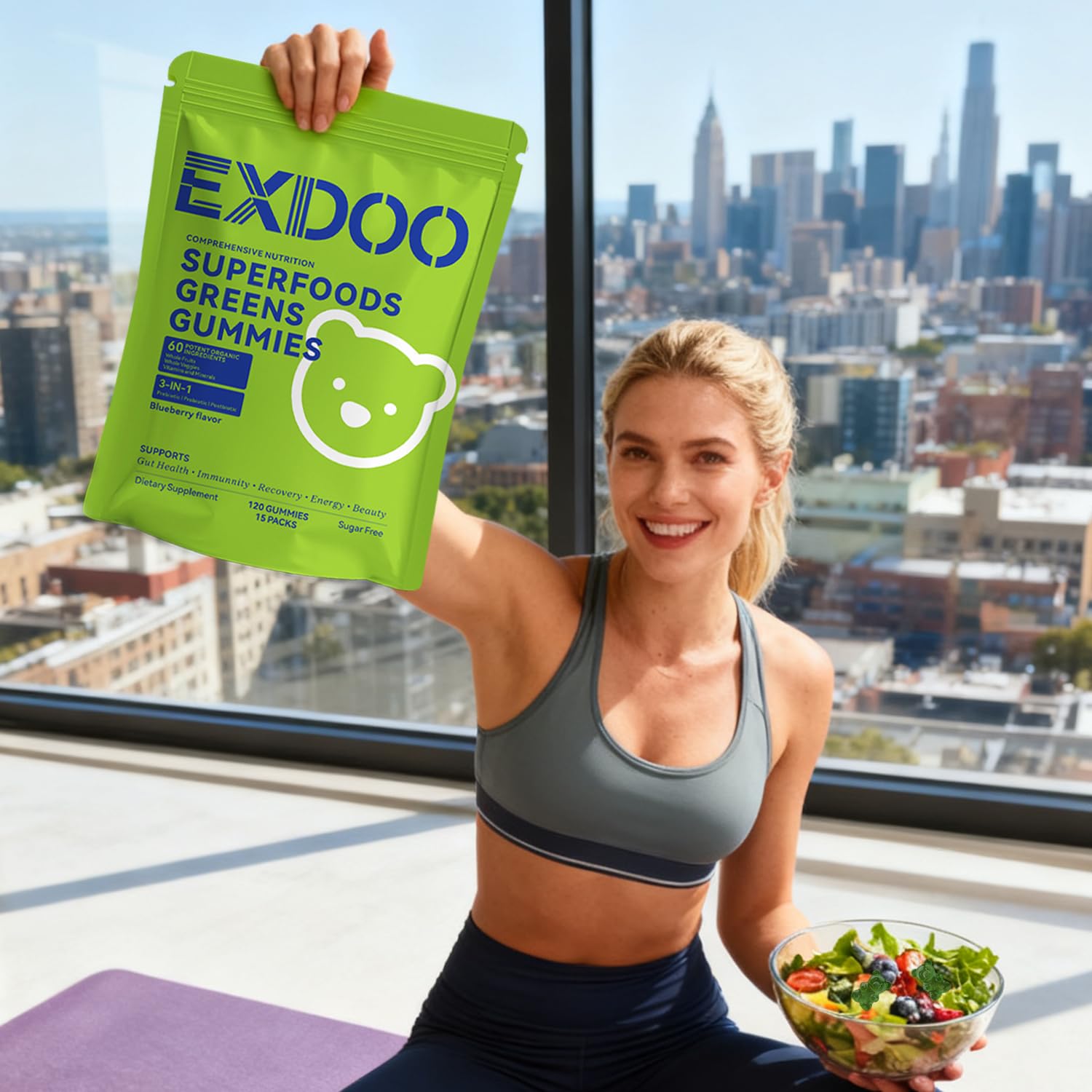 exdoo Super Greens Fiber Gummies Multivitamin Superfood Gummy with Spirulina Chlorella Prebiotic Probiotic Postbiotic for Digestive Health Supplement 15 Packs 120 Gummies exdoo uk supplements