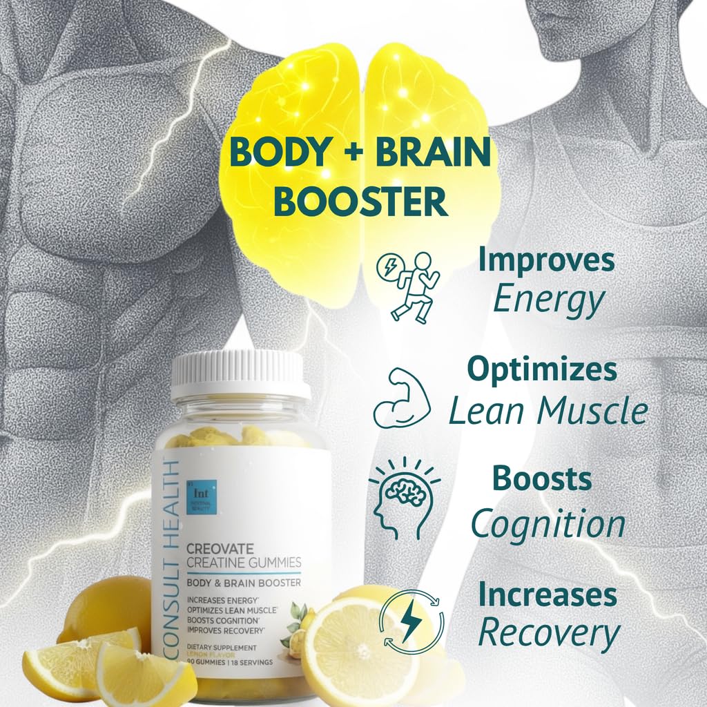 Consult Health CREOVATE CREATINE MONOHYDRATE Gummies 5g Dose for Men & Women to Support Muscle, Strength, Recovery, Cognitive Health & Memory, Zero Sugar, Gluten Free, Natural Lemon, 90 Count Consult Health uk supplements