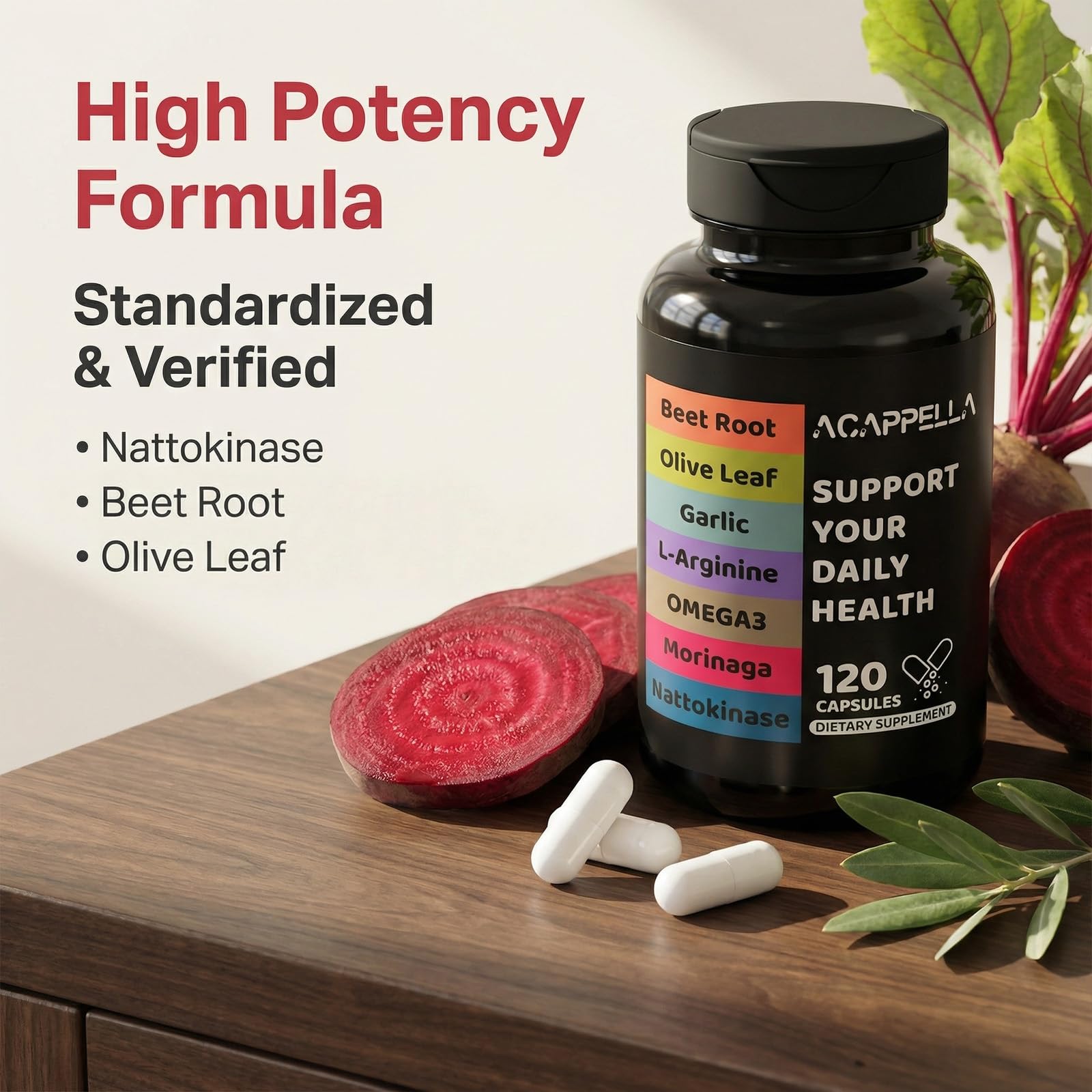ACAPPELLA Moringa Capsules with Beet Root Capsule Olive Leaf Garlic L-Arginine Omega 3 Nattokinase Supplement - 120 Count ACAPPELLA uk supplements