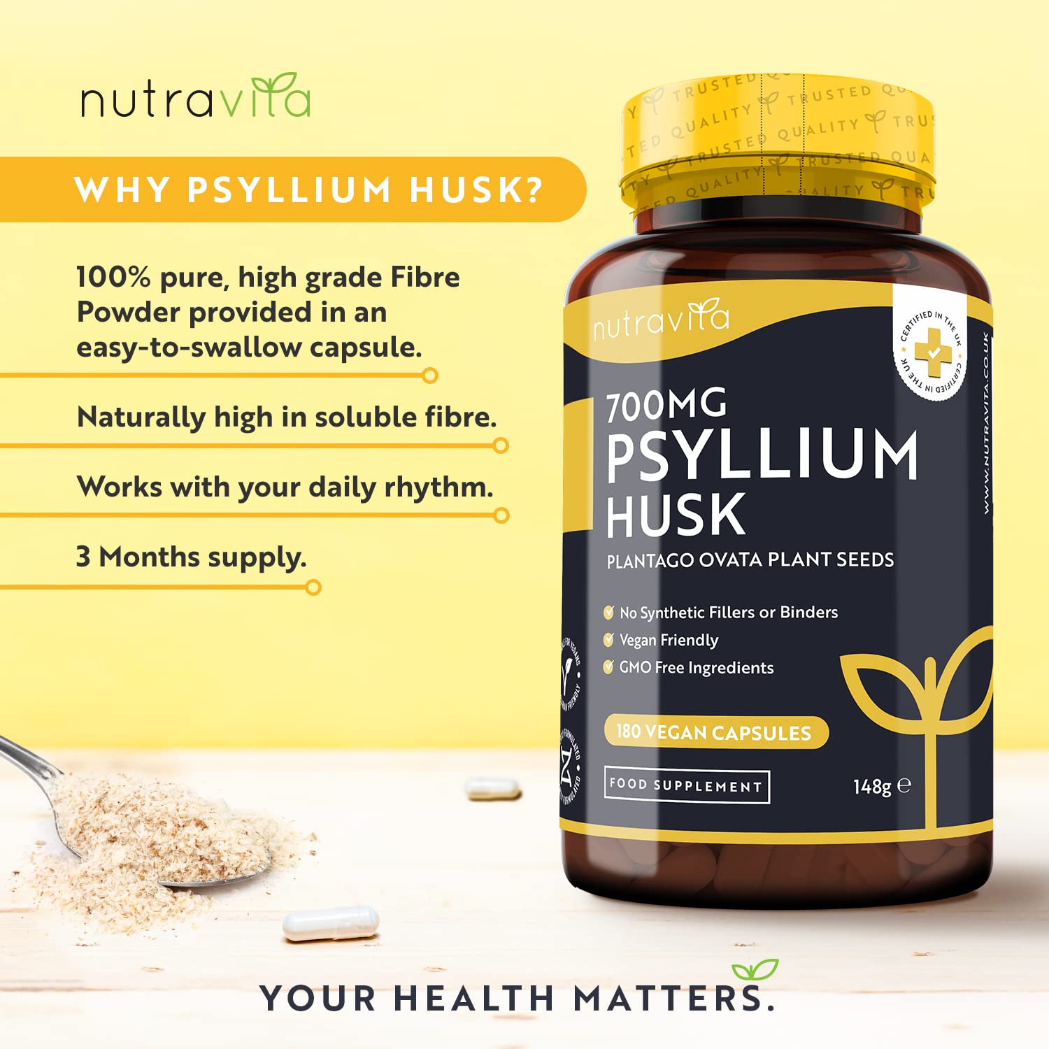 Psyllium Husks Fibre Supplement – 1400mg per Serving – Naturally High in Soluble Fibre Nutravita uk supplements