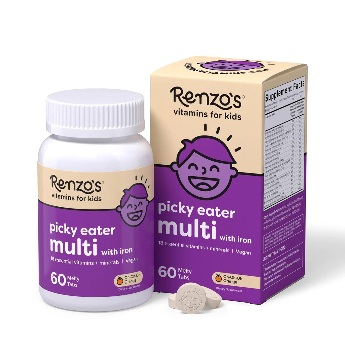 Renzo's Picky Eater Kids Multivitamin with Iron, Dissolving Kids Vitamins with Vitamin D3 and K2 and More, 60 Sugar-Free Melty Tabs Renzo's uk supplements