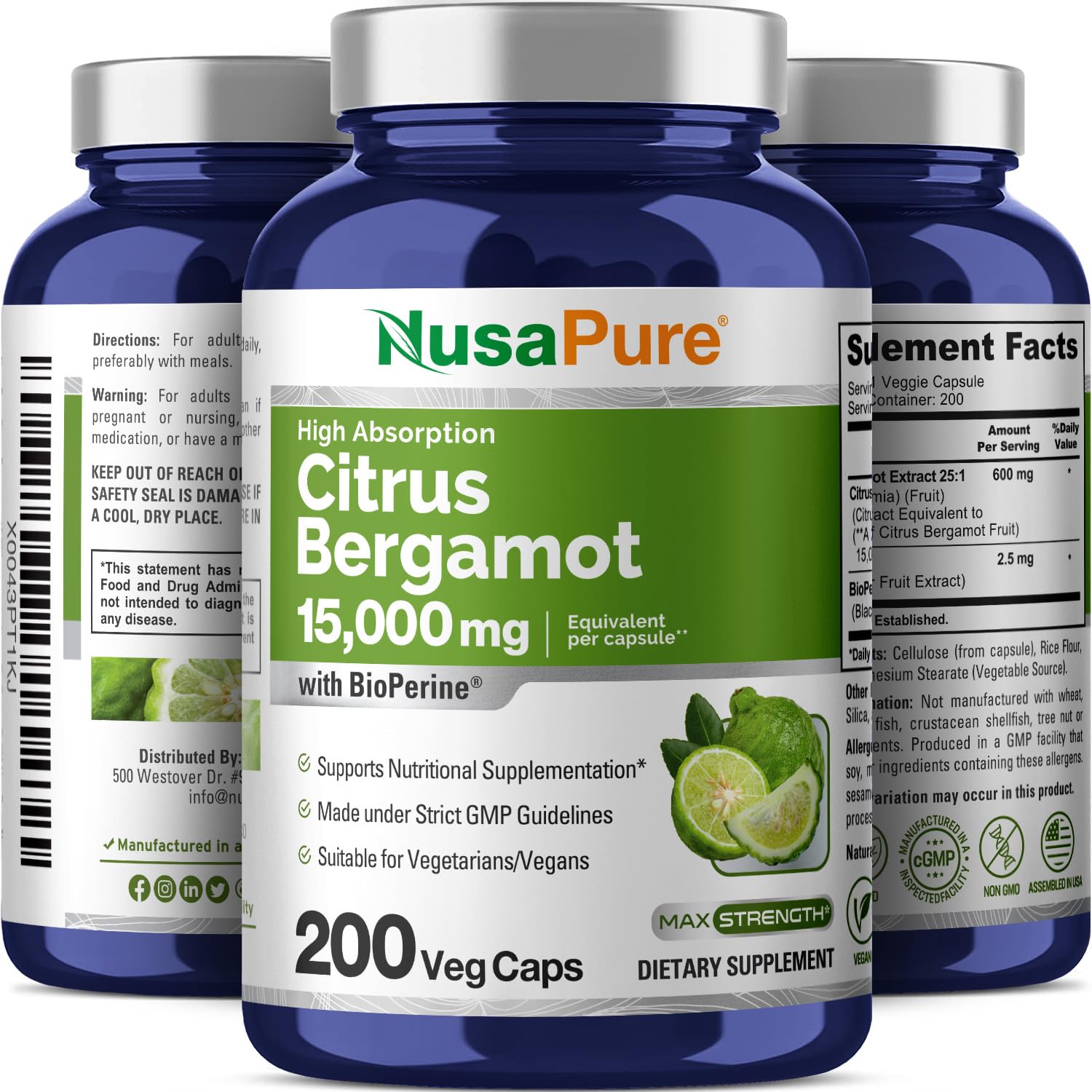 NusaPure Citrus Bergamot Capsules 15,000mg, 200 Capsules - 25:1 Bergamot Extract - 200 Servings, Bioperine, Vegan, Non-GMO NusaPure uk supplements