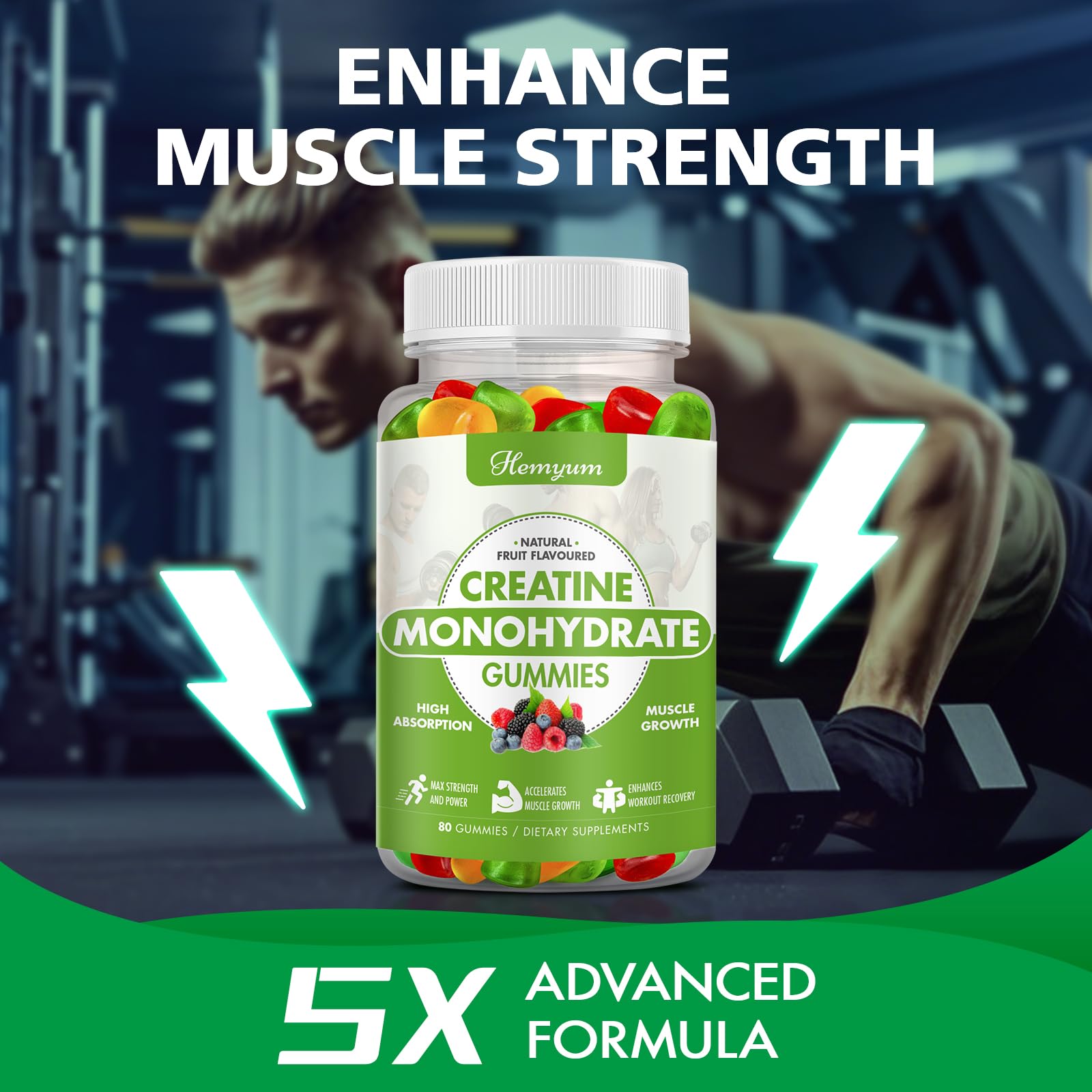 Creatine Monohydrate Gummies - Pre-Workout Creatine for Women Men, Enhanced Muscle Strength, Boost Focus and Endurance, Muscle Builder,Complex L-Taurine + Vitamin B12,Vegan, Gluten-Free 160 Count Hemyum uk supplements