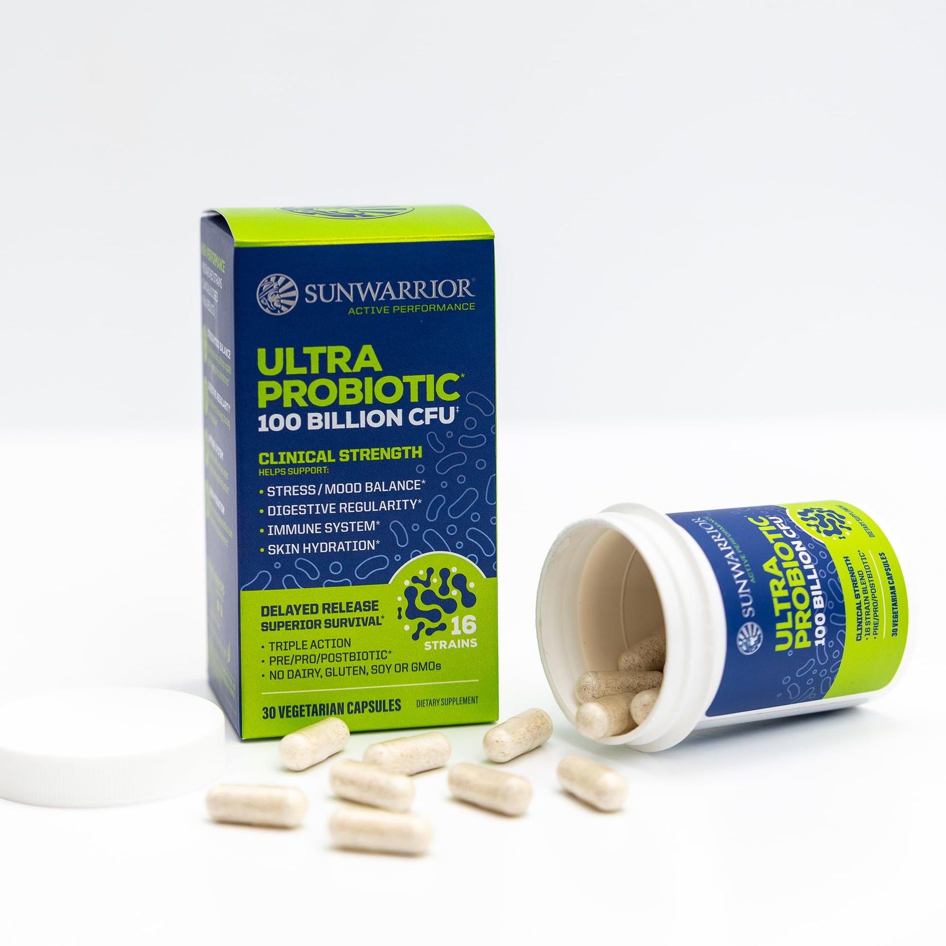 Probiotic for Gut Health 100 Billion CFU Probiotics Supplement Capsules 16 Strains Prebiotics + Postbiotics for Gut Immune & Colon Health Energy & Endurance Support Soy-Free Non-GMO 30 Capsule Serving Sunwarrior uk supplements