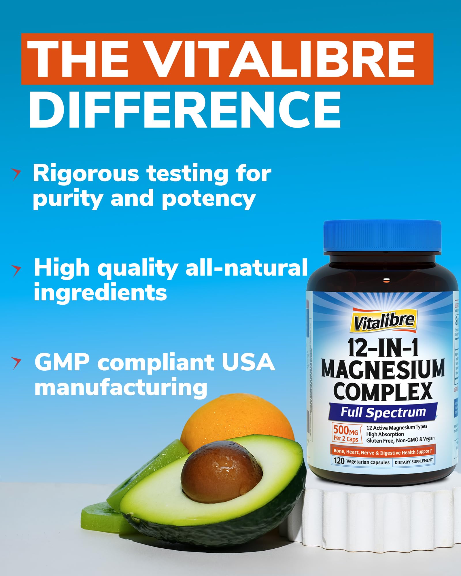Vitalibre 12 in 1 Magnesium Complex Supplement 500mg | Max Absorption Chelated Magnesium Glycinate Citrate Malate & More for Bone, Nerve & Digestive Support | Non-GMO Vegan Capsules (120 Count) Vitalibre uk supplements